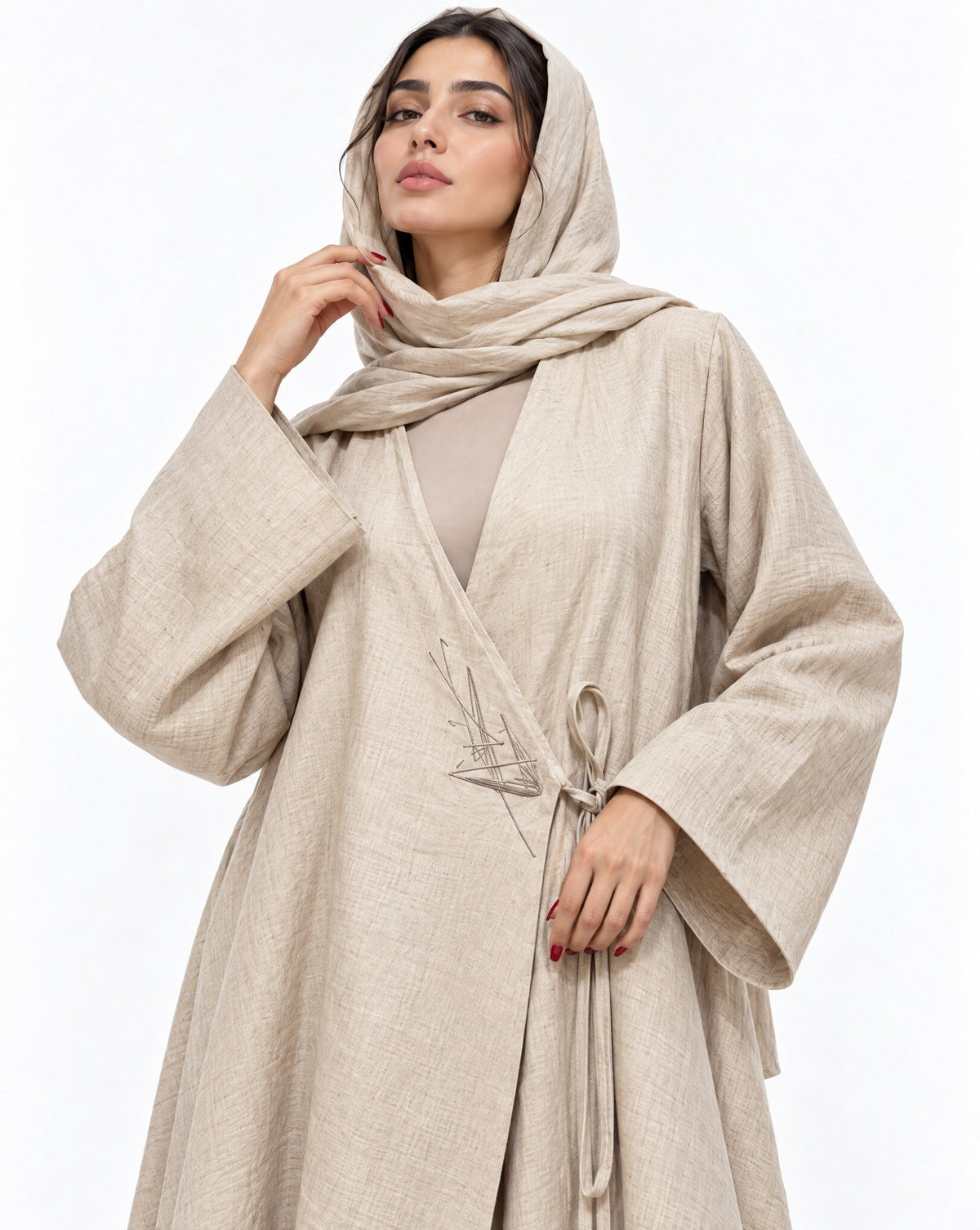 BG-ZULAIKHA - Beige Linen Abaya - AMBER FEROZ - MIRA Y MANO