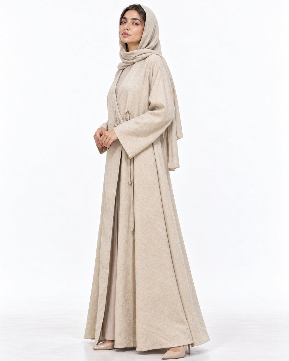BG-ZULAIKHA - Beige Linen Abaya - AMBER FEROZ - MIRA Y MANO