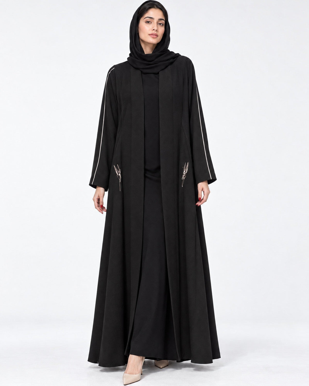 BUSHRA-BLK - Black Jacquard Abaya - AMBER FEROZ - MIRA Y MANO