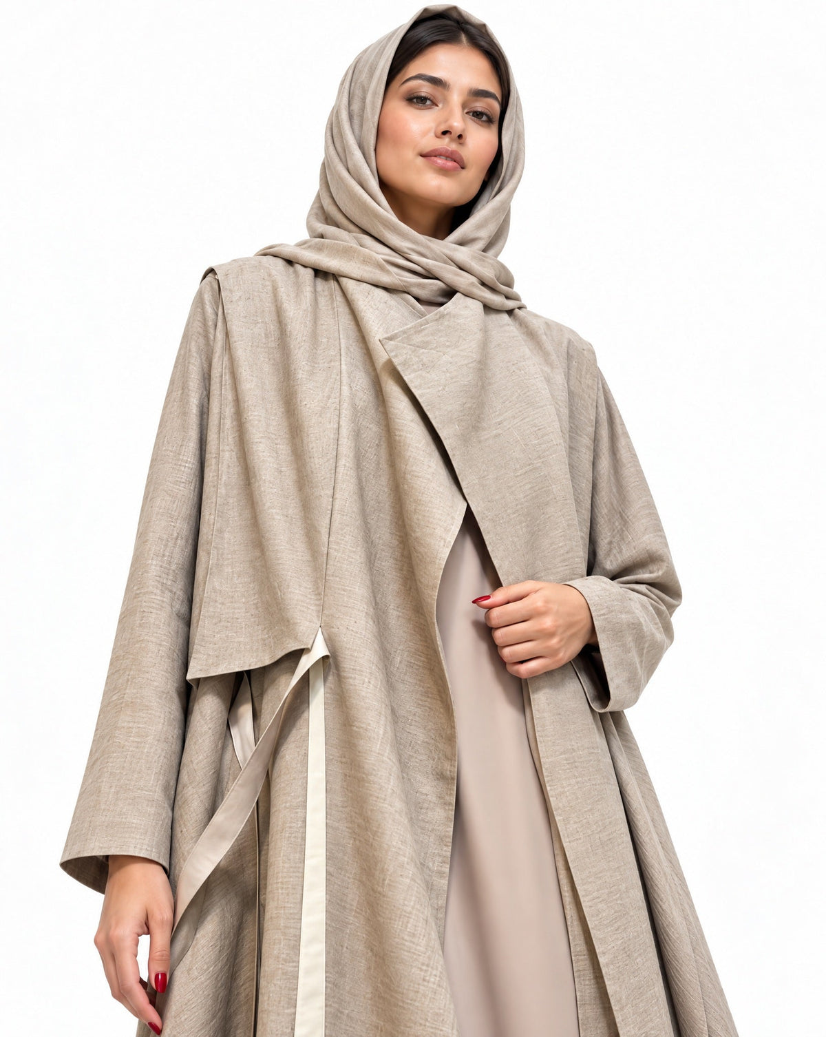 Grace Beige Linen Abaya - AMBER FEROZ - MIRA Y MANO