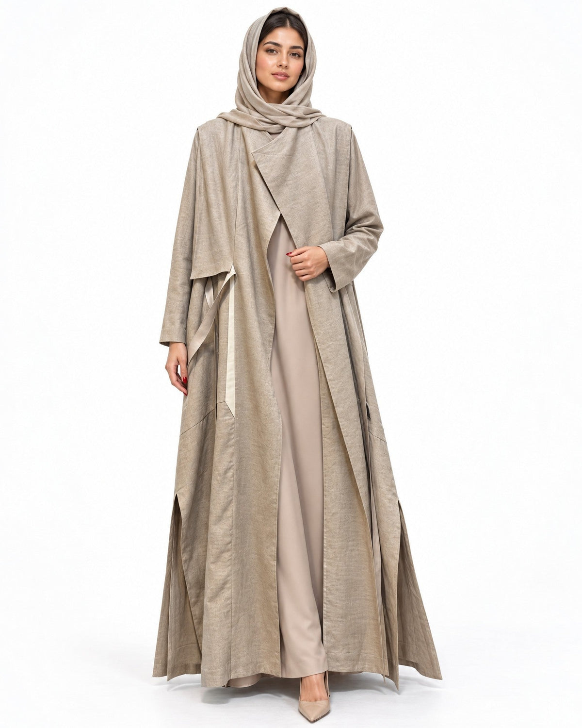 Grace Beige Linen Abaya - AMBER FEROZ - MIRA Y MANO