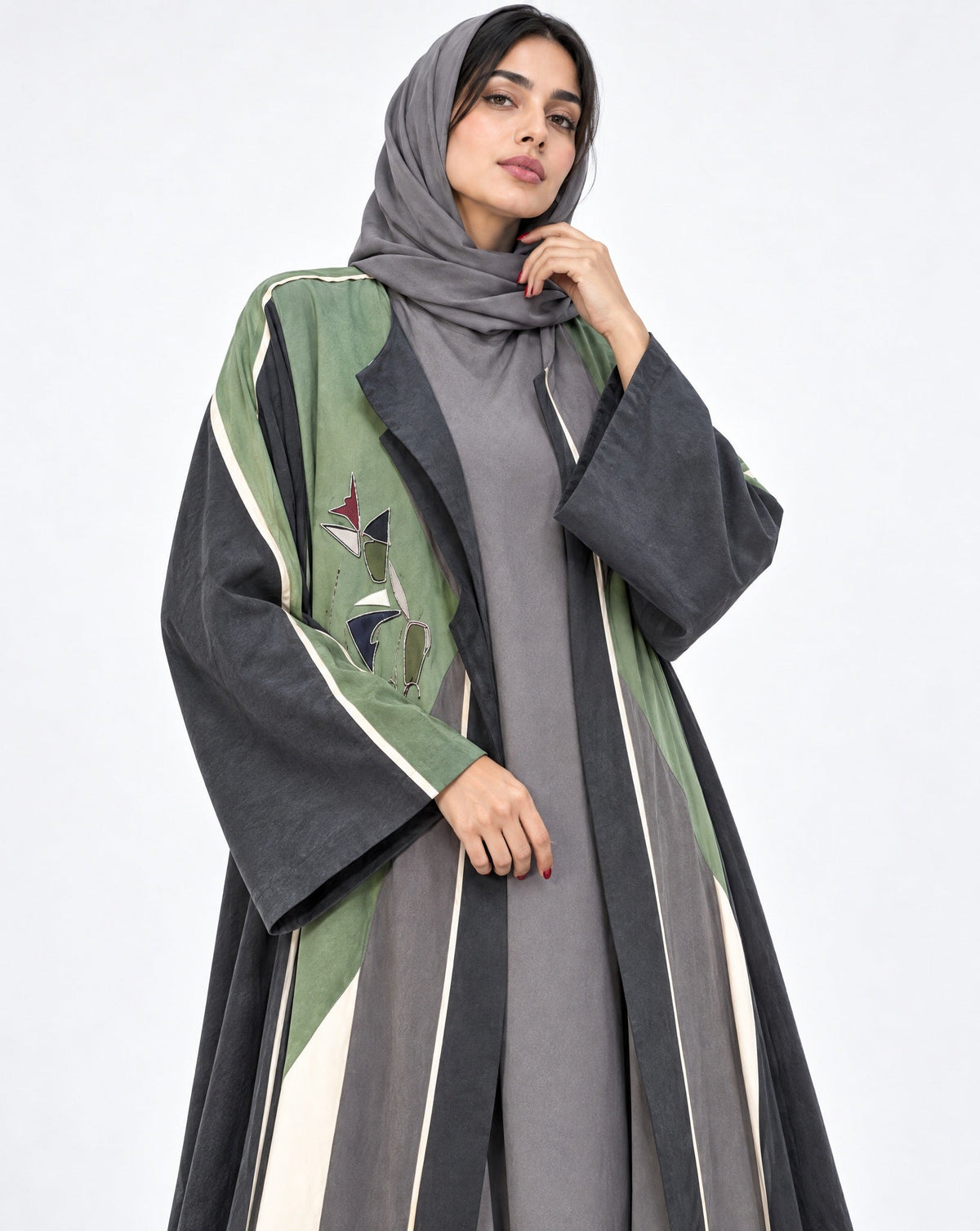 GRN-SAFIYA - Green Washed Silk Abaya Set - AMBER FEROZ - MIRA Y MANO