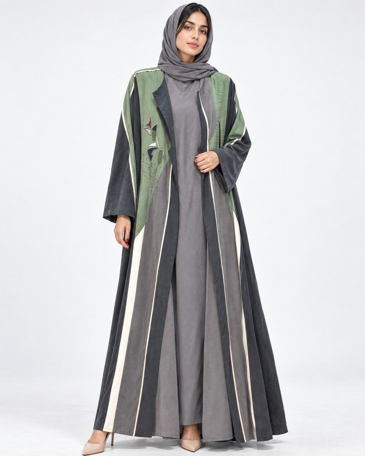 GRN-SAFIYA - Green Washed Silk Abaya Set - AMBER FEROZ - MIRA Y MANO
