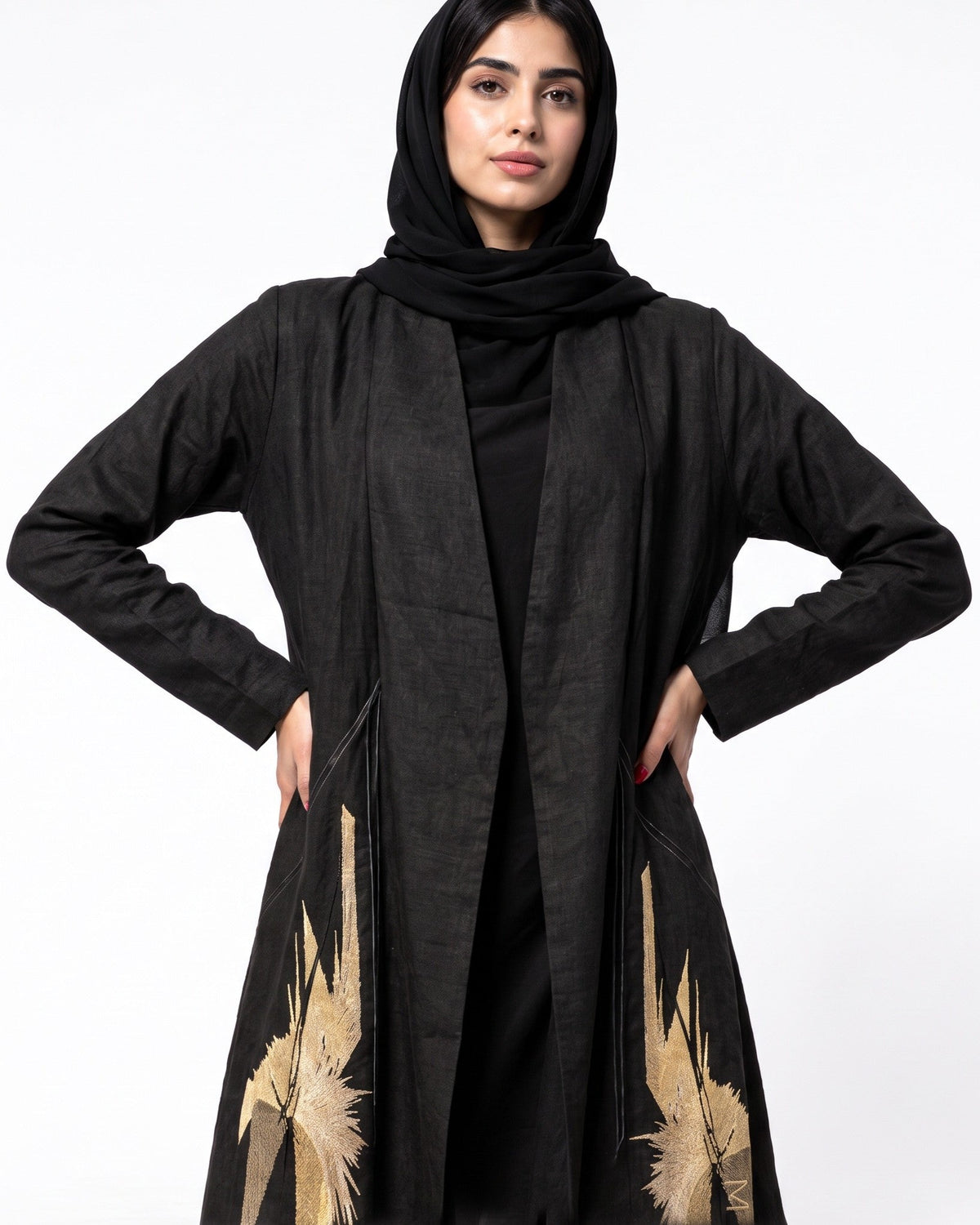 New Huriya Black Linen Abaya Set - AMBER FEROZ - MIRA Y MANO