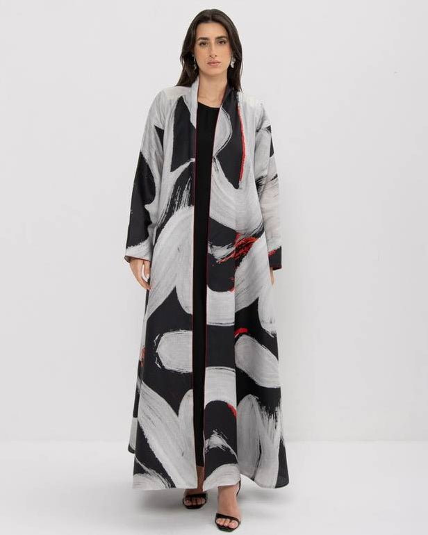 Black and White Linen Printed Abaya - ASDAF LINE - MIRA Y MANO