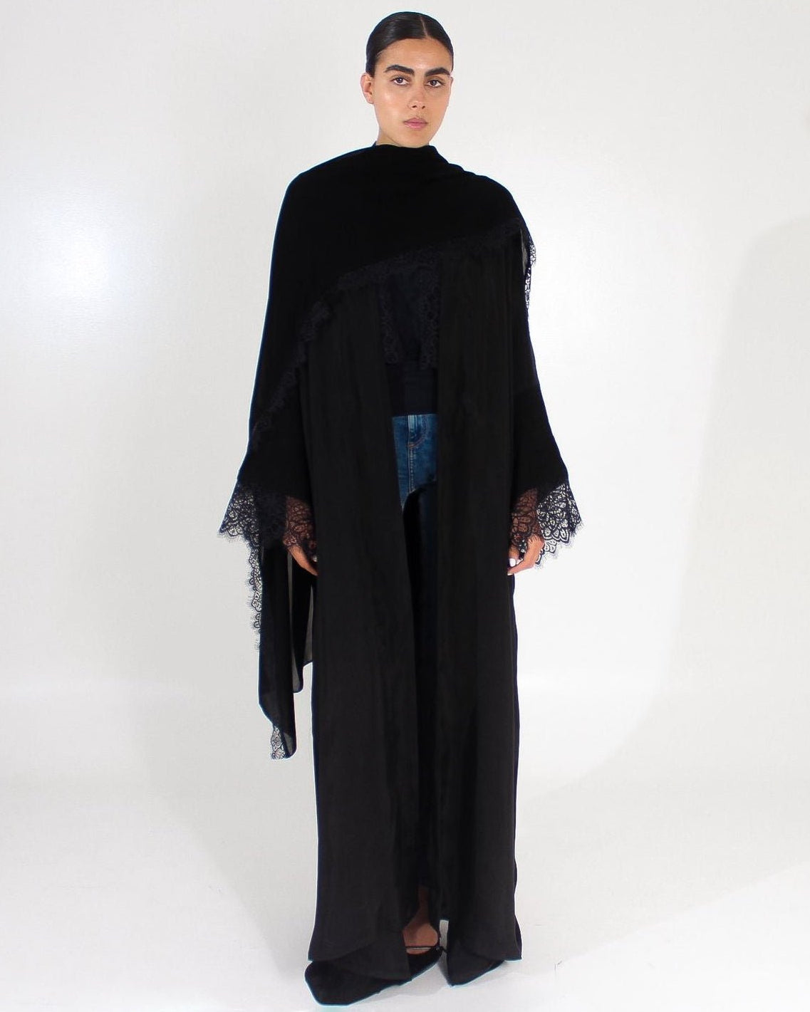 Cobra Silk with Lace – Black Silk Abaya – Product image 1