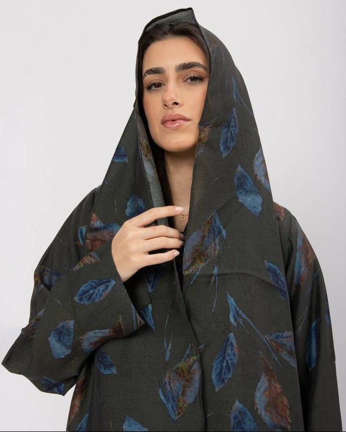 Printed Olive Chiffon Abaya - ASDAF LINE - MIRA Y MANO