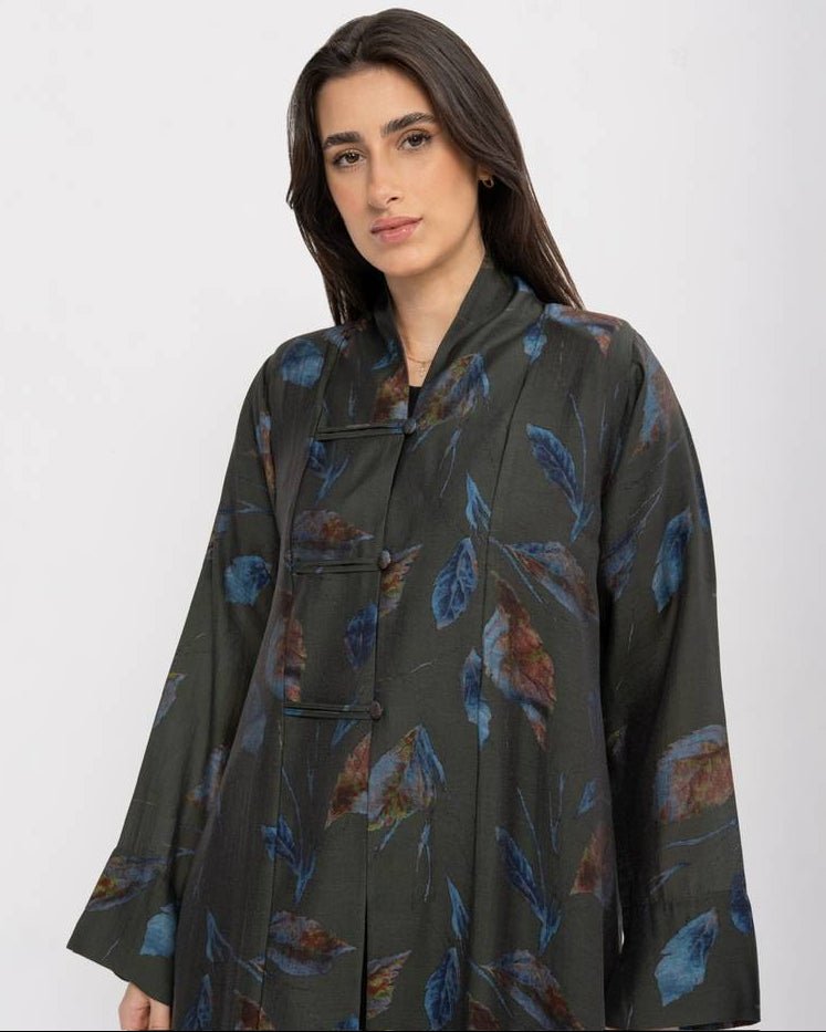 Printed Olive Chiffon Abaya - ASDAF LINE - MIRA Y MANO