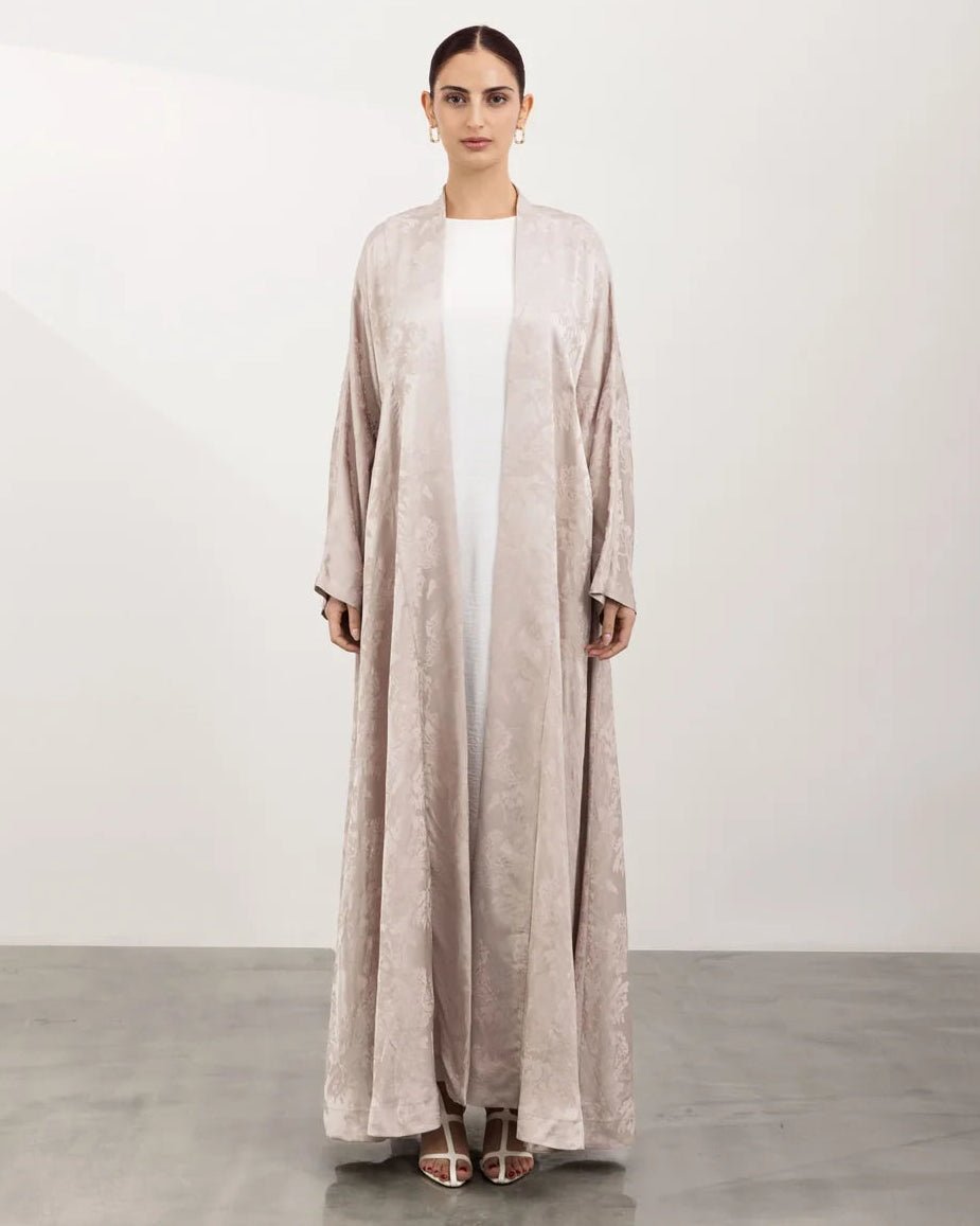 A26-17 - Beige Jacquard Abaya Set - ASL - MIRA Y MANO