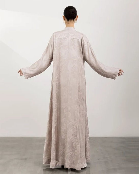A26-17 - Beige Jacquard Abaya Set - ASL - MIRA Y MANO