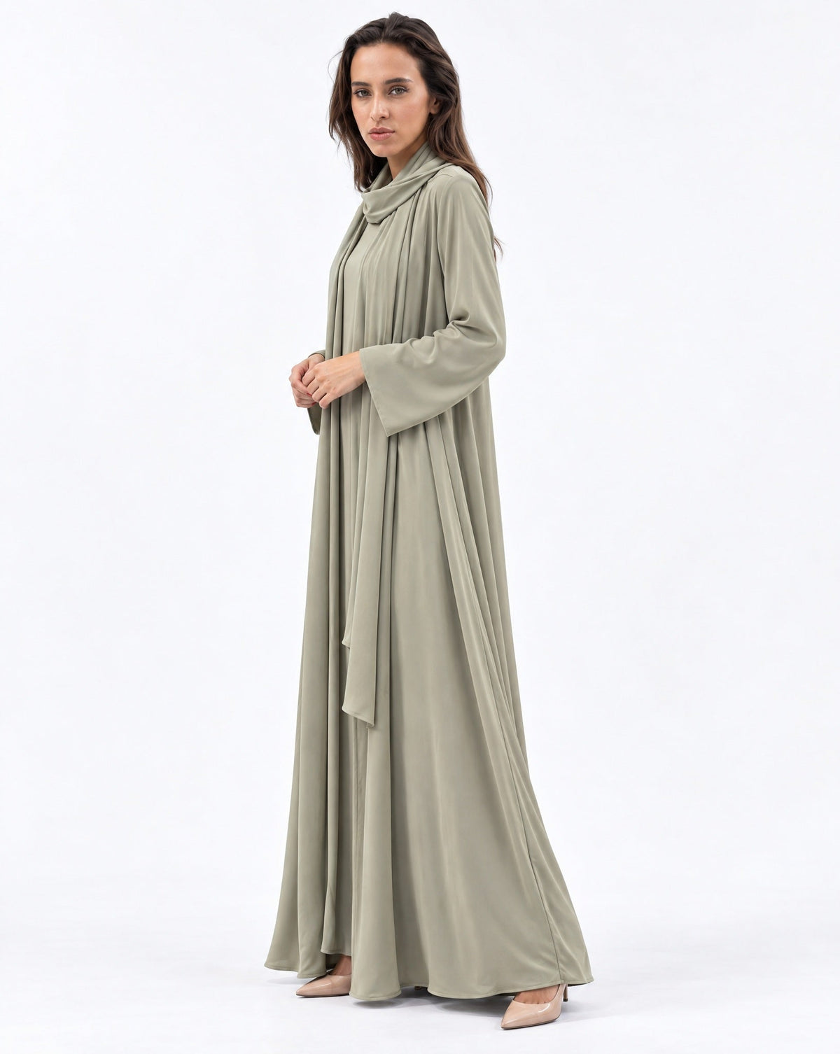 Fluid Shawl Lapel Abaya in Sage Green - CHIKA - MIRA Y MANO