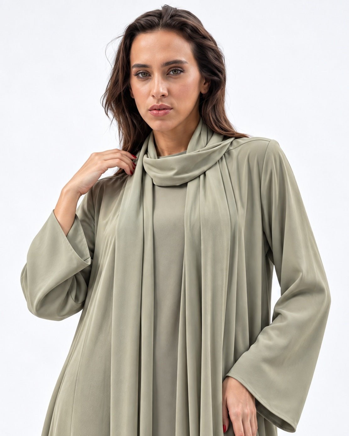 Fluid Shawl Lapel Abaya in Sage Green - CHIKA - MIRA Y MANO