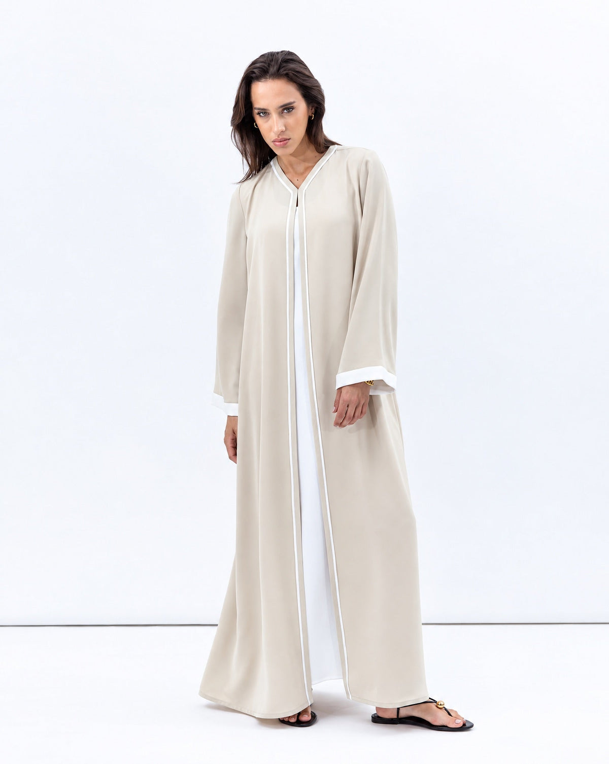 Front Closing Abaya in Cream with High V Neck - CHIKA - MIRA Y MANO
