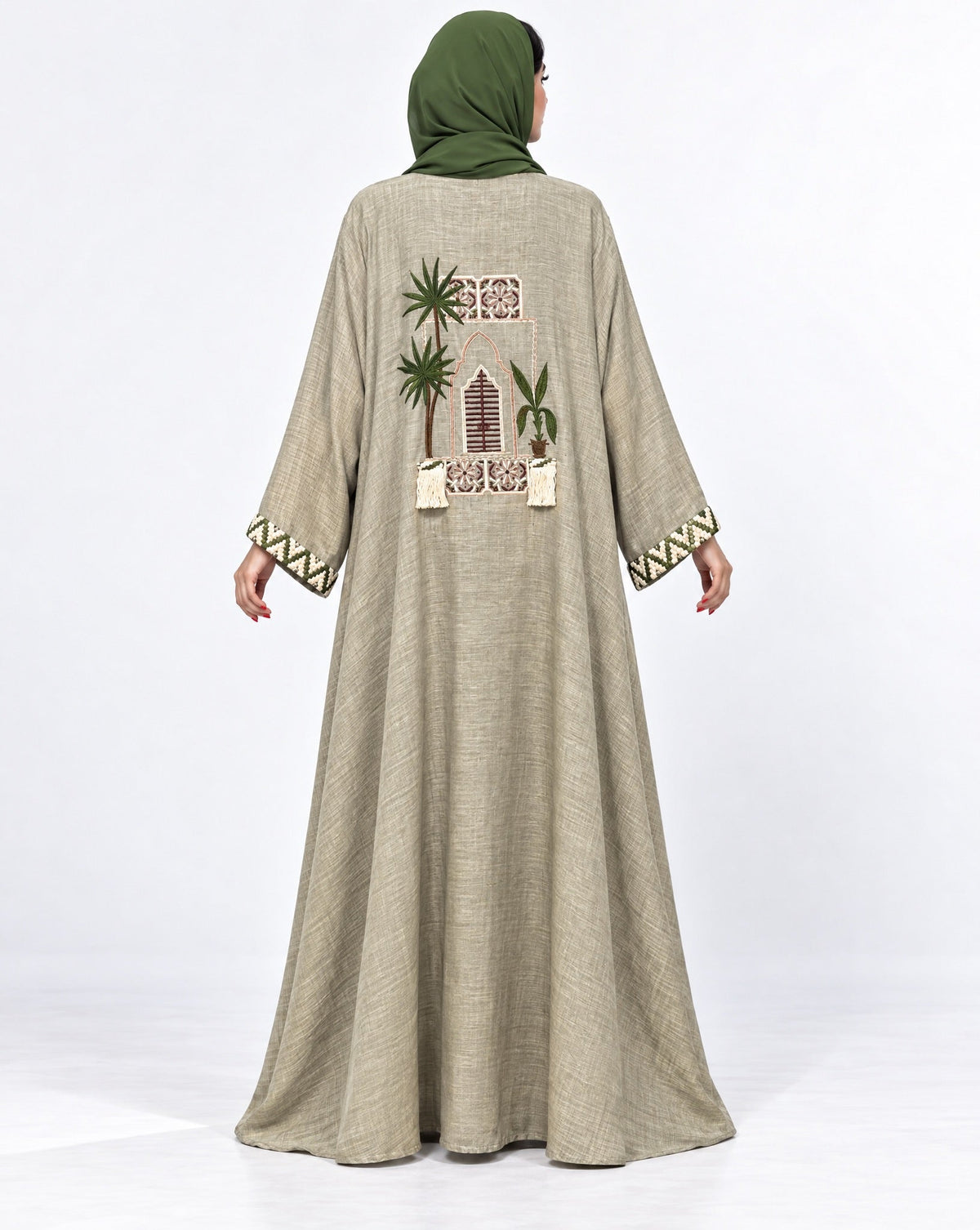HANDMADE MOSQUE LIGHT GREEN ABAYA - DAR TARAF - MIRA Y MANO