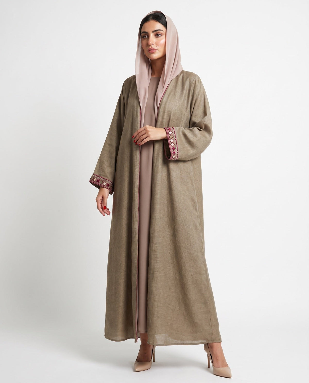 PATTERN CROSS OLIVE ABAYA - DAR TARAF - MIRA Y MANO