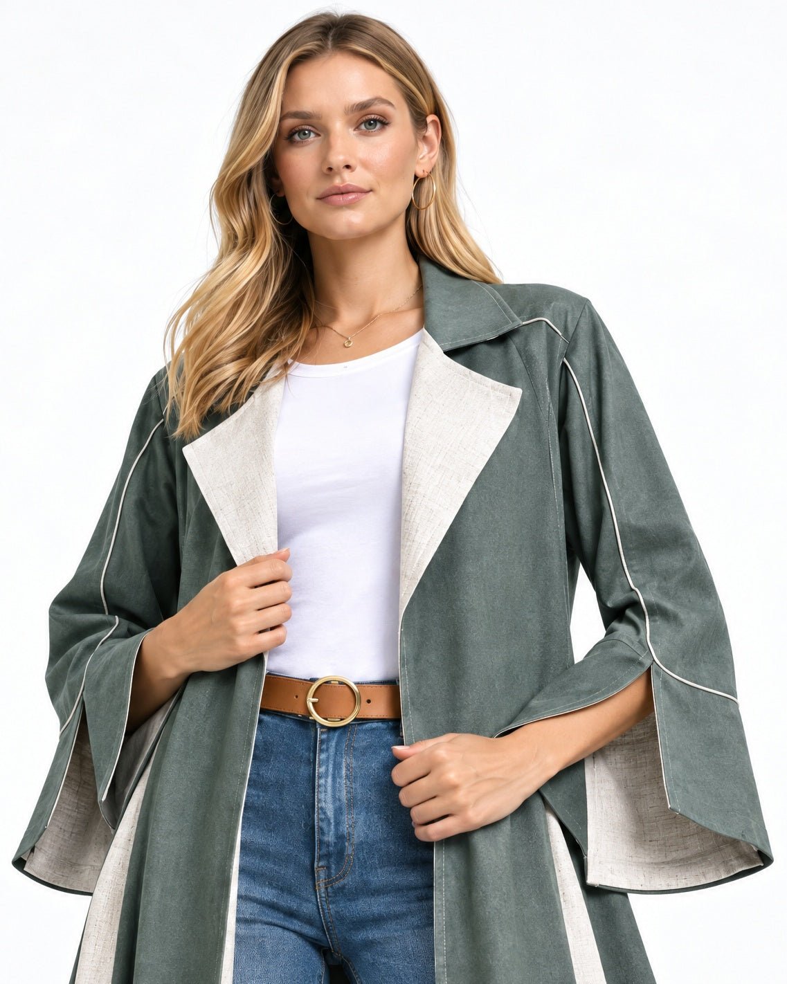 ABY 4094T-OL - Dark Olive Green Linen Abaya - Emad Rizq - MIRA Y MANO