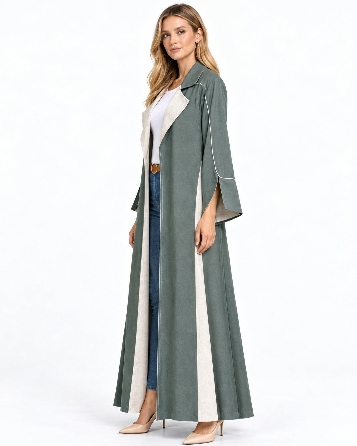 ABY 4094T-OL - Dark Olive Green Linen Abaya - Emad Rizq - MIRA Y MANO