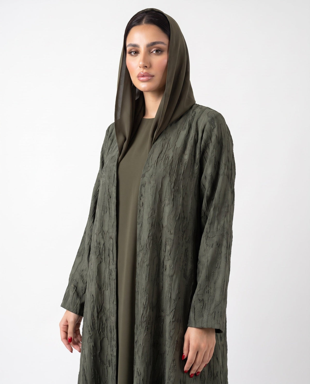 ABY 4462M-OL - Dark Olive Green Washed Silk Abaya - EMAD RIZQ - MIRA Y MANO