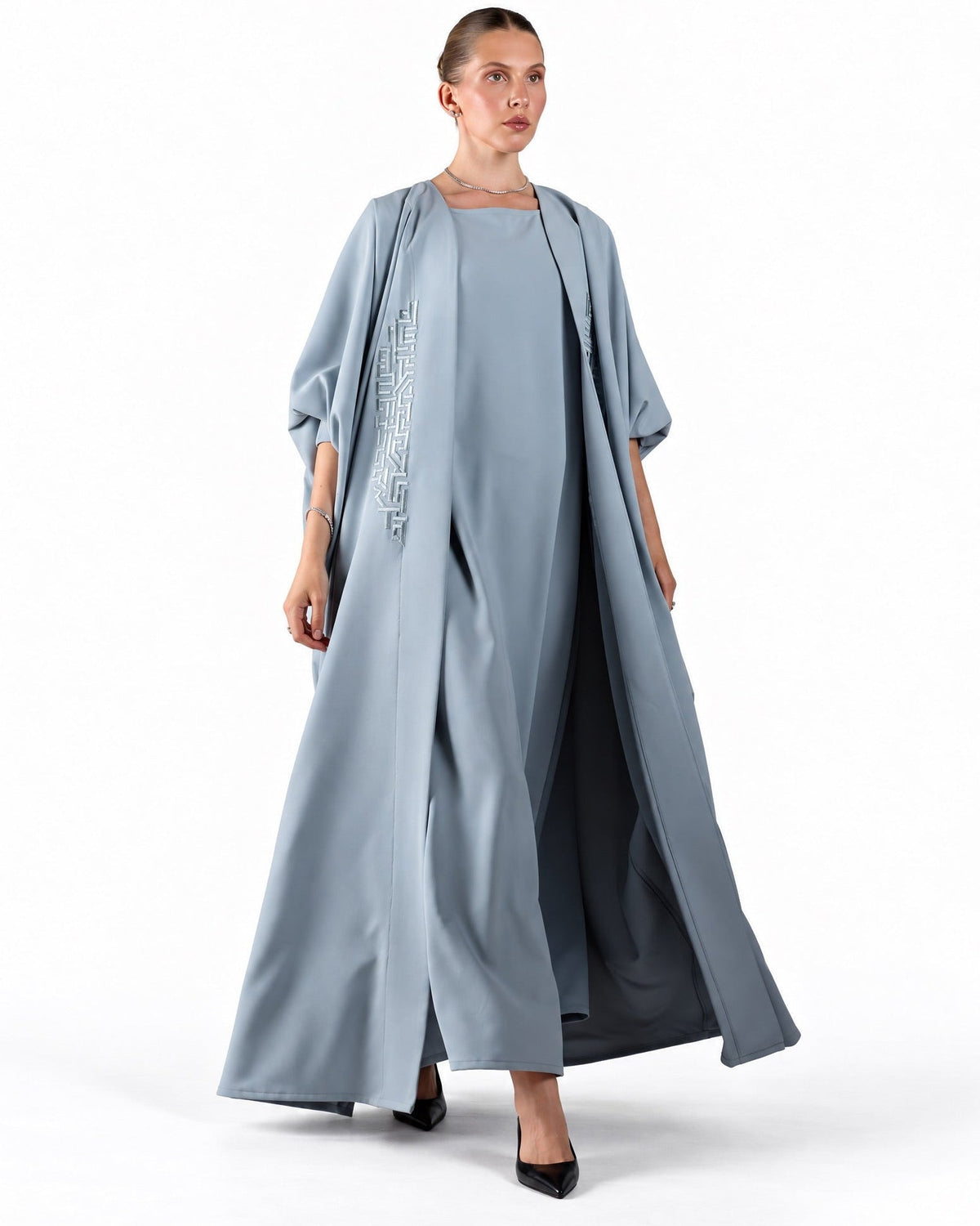 FC 805 – Powder Blue Crepe Abaya Set - FOUZ COUTURE - MIRA Y MANO