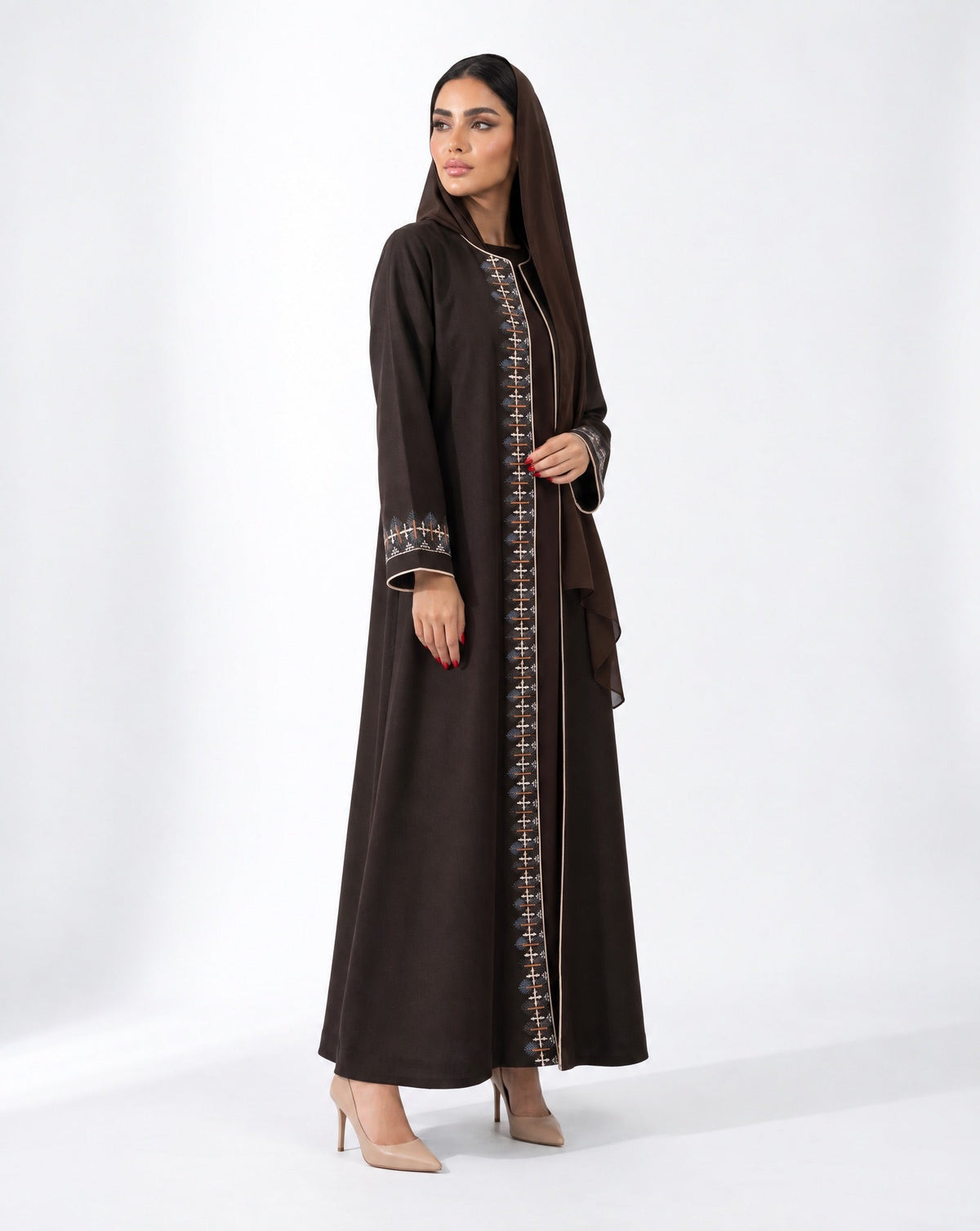 HON0103 - Dark Brown Cotton Mix Abaya - HOUSE OF N - MIRA Y MANO