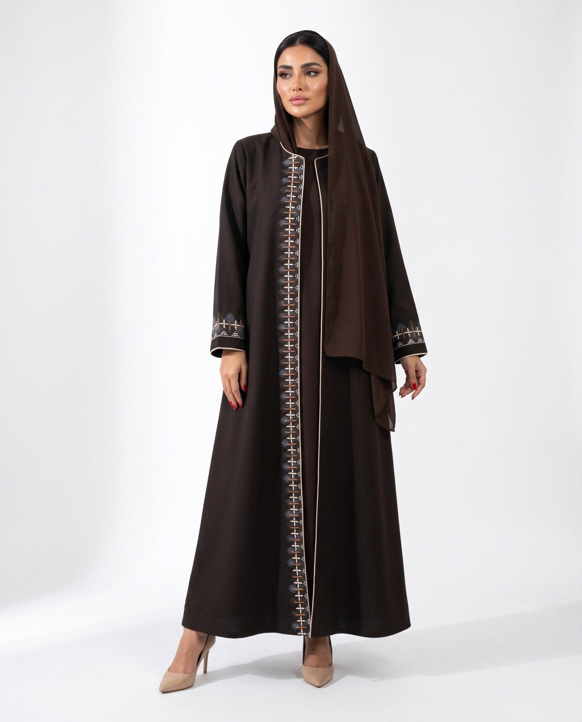 HON0103 - Dark Brown Cotton Mix Abaya - HOUSE OF N - MIRA Y MANO