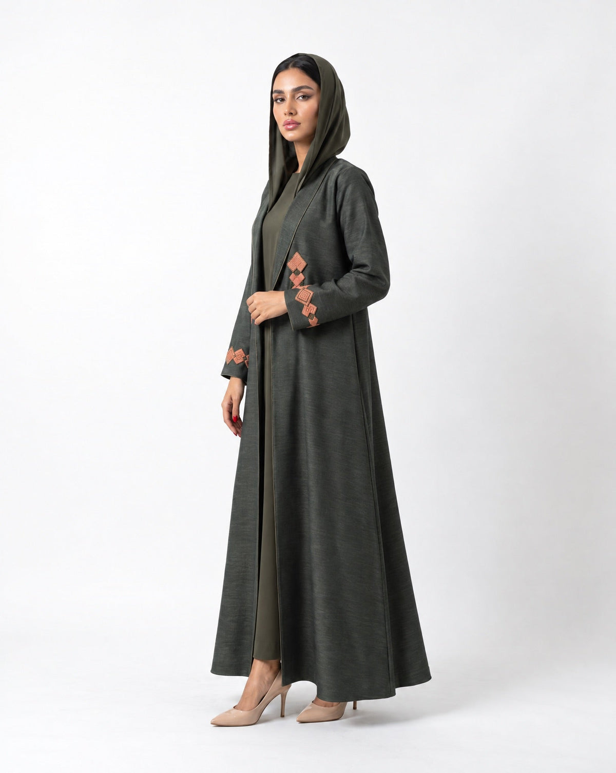 HON0108 - Dark Olive Green Cotton Mix Abaya - HOUSE OF N - MIRA Y MANO