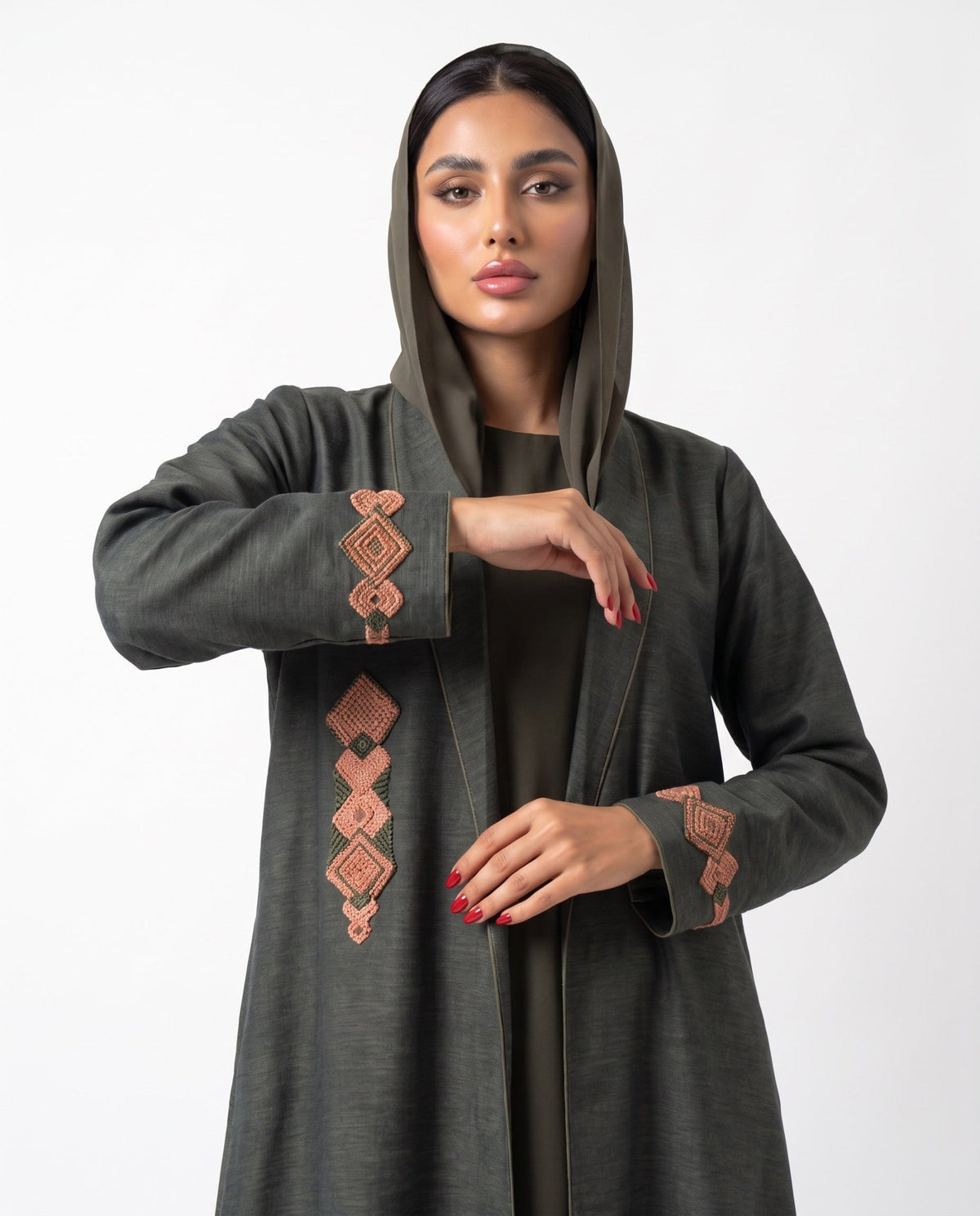 HON0108 - Dark Olive Green Cotton Mix Abaya - HOUSE OF N - MIRA Y MANO
