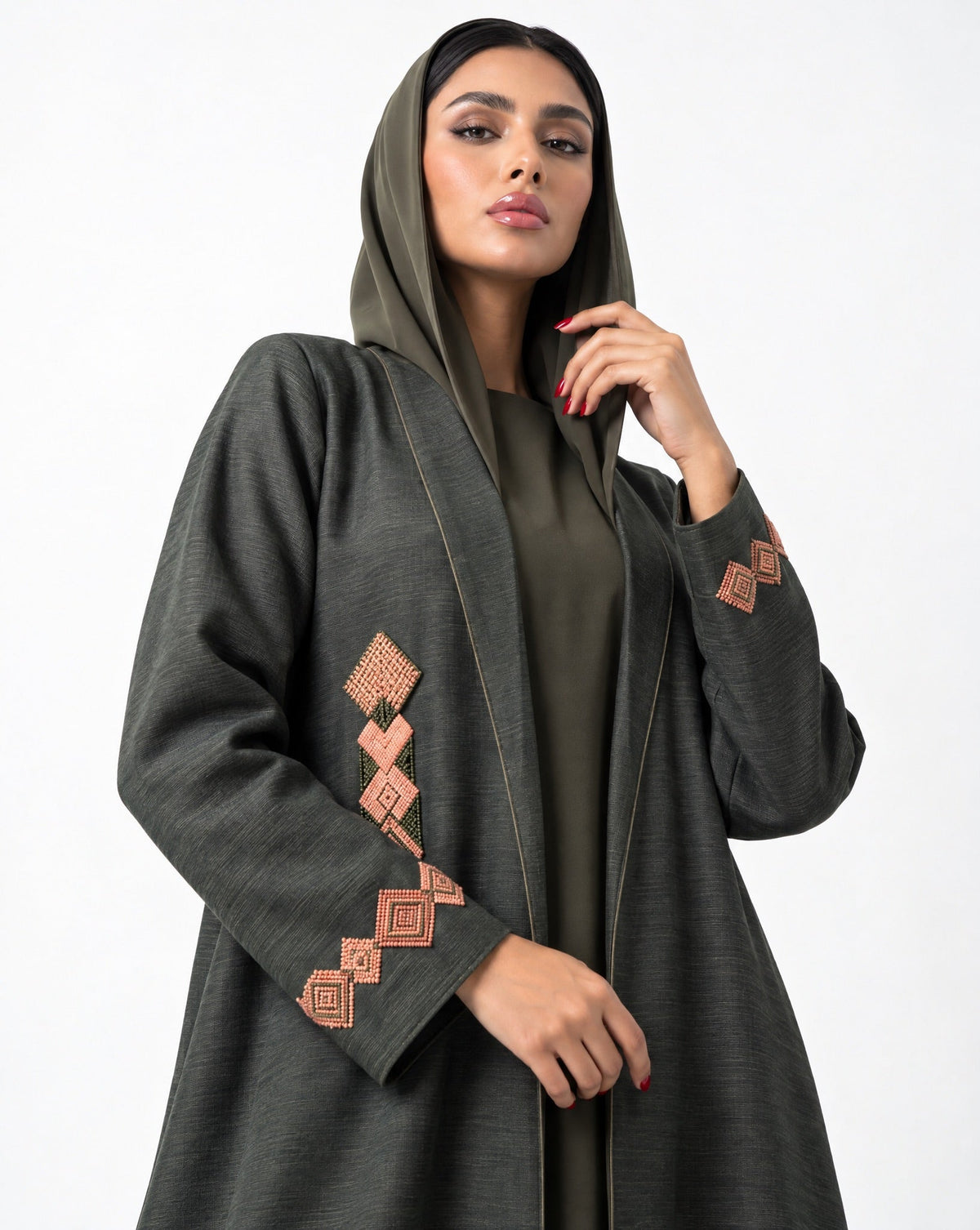 HON0108 - Dark Olive Green Cotton Mix Abaya - HOUSE OF N - MIRA Y MANO