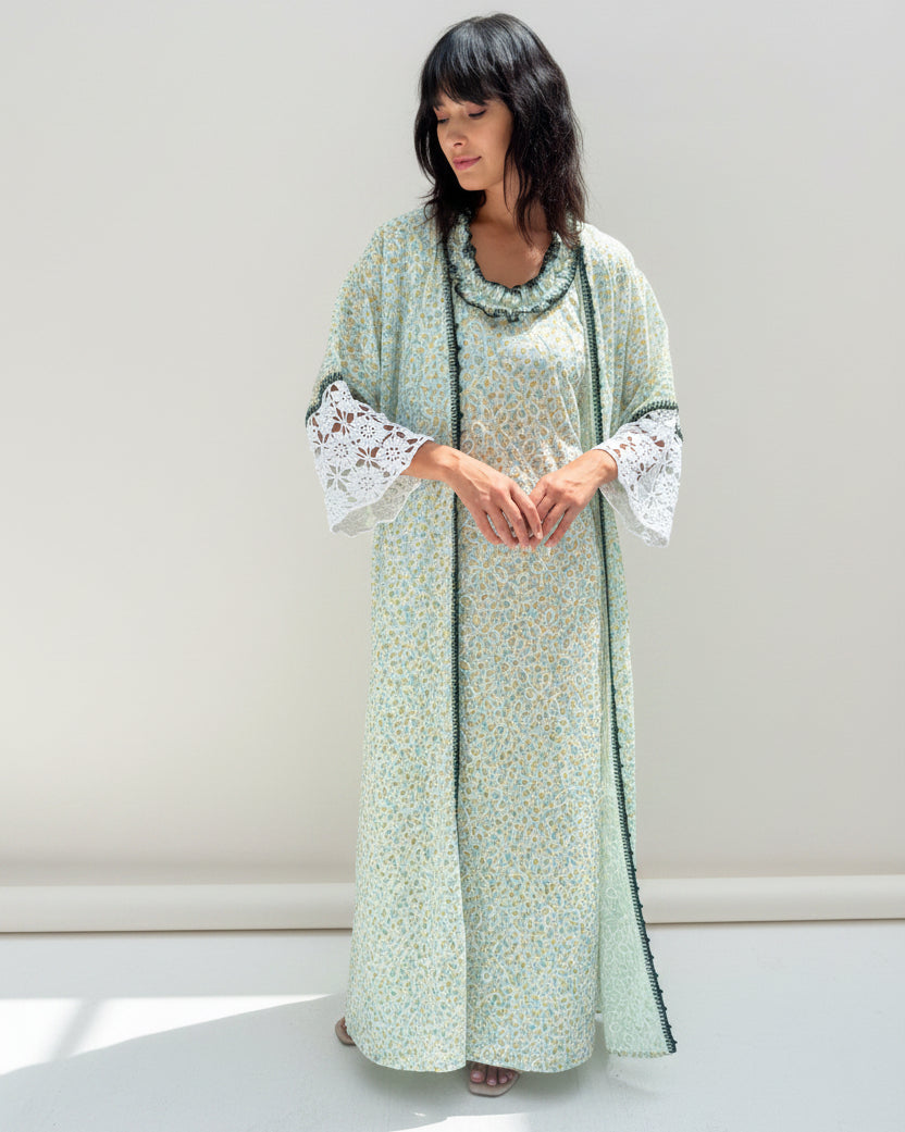 S153 DAISY2 WH - GR ABAYA SET - JAMELOO - MIRA Y MANO