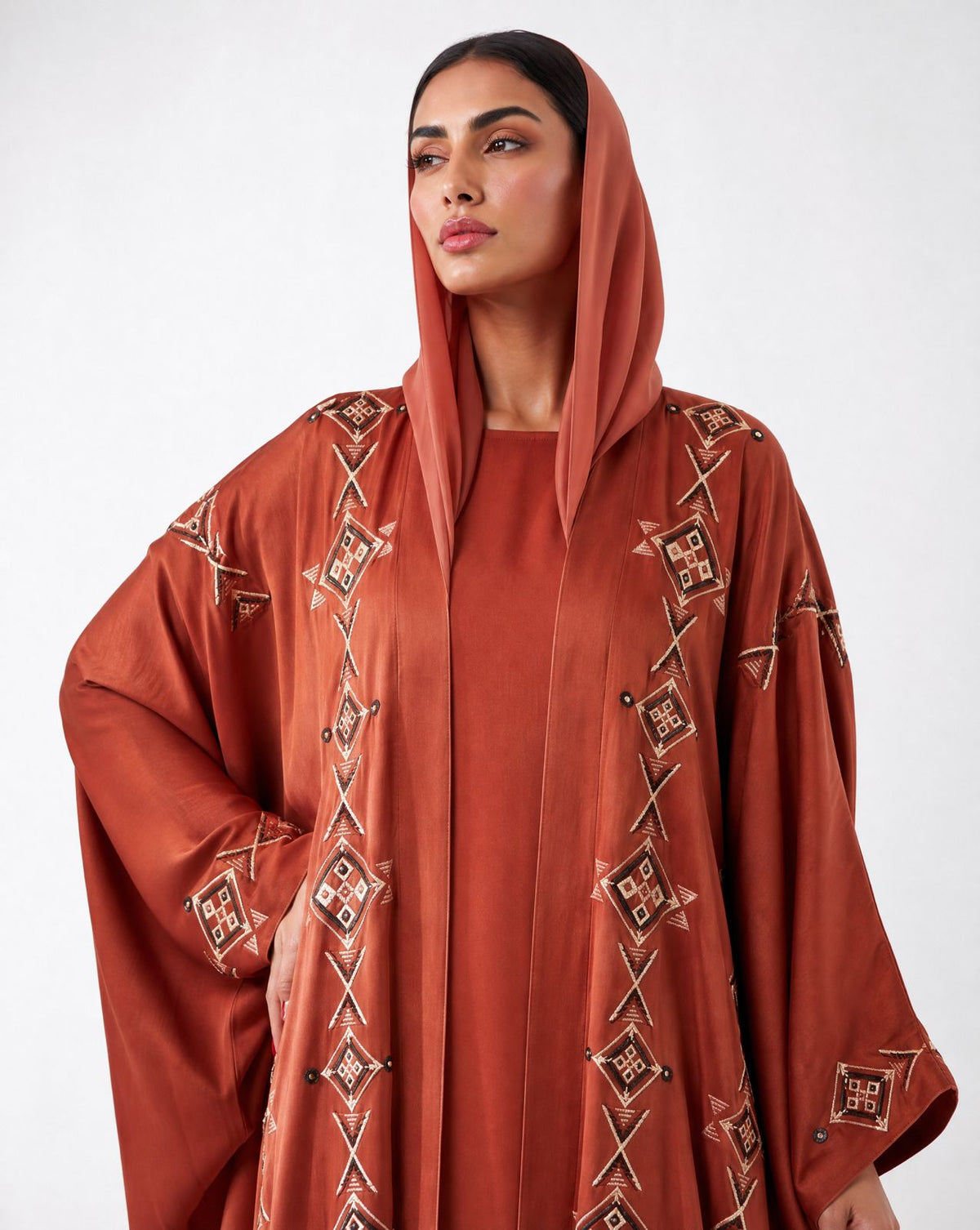 M0898 – Fire Brick Washed Silk Abaya - KERTA COLLECTION - MIRA Y MANO
