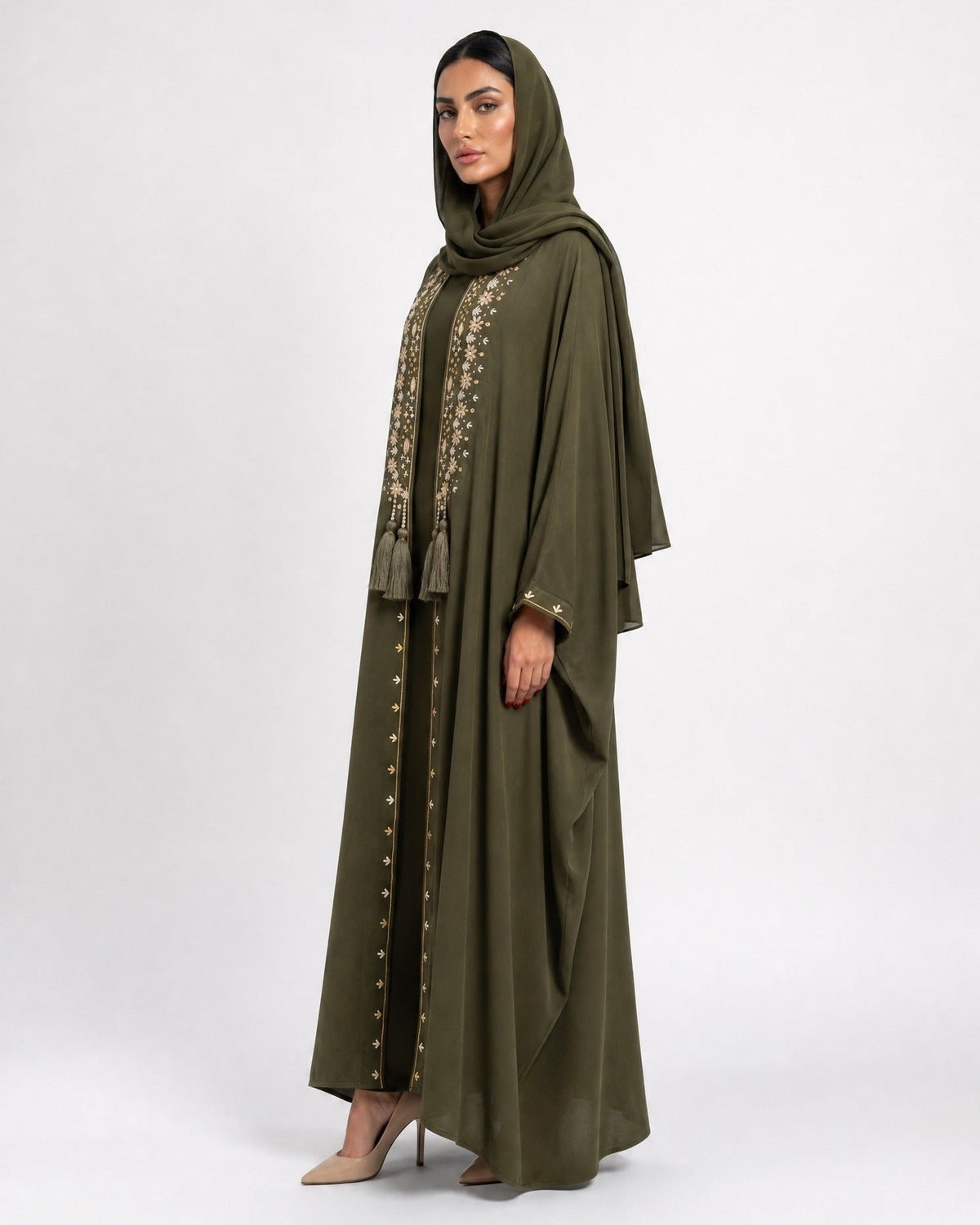 M0899 - Olive Washed Silk Abaya - KERTA COLLECTION - MIRA Y MANO