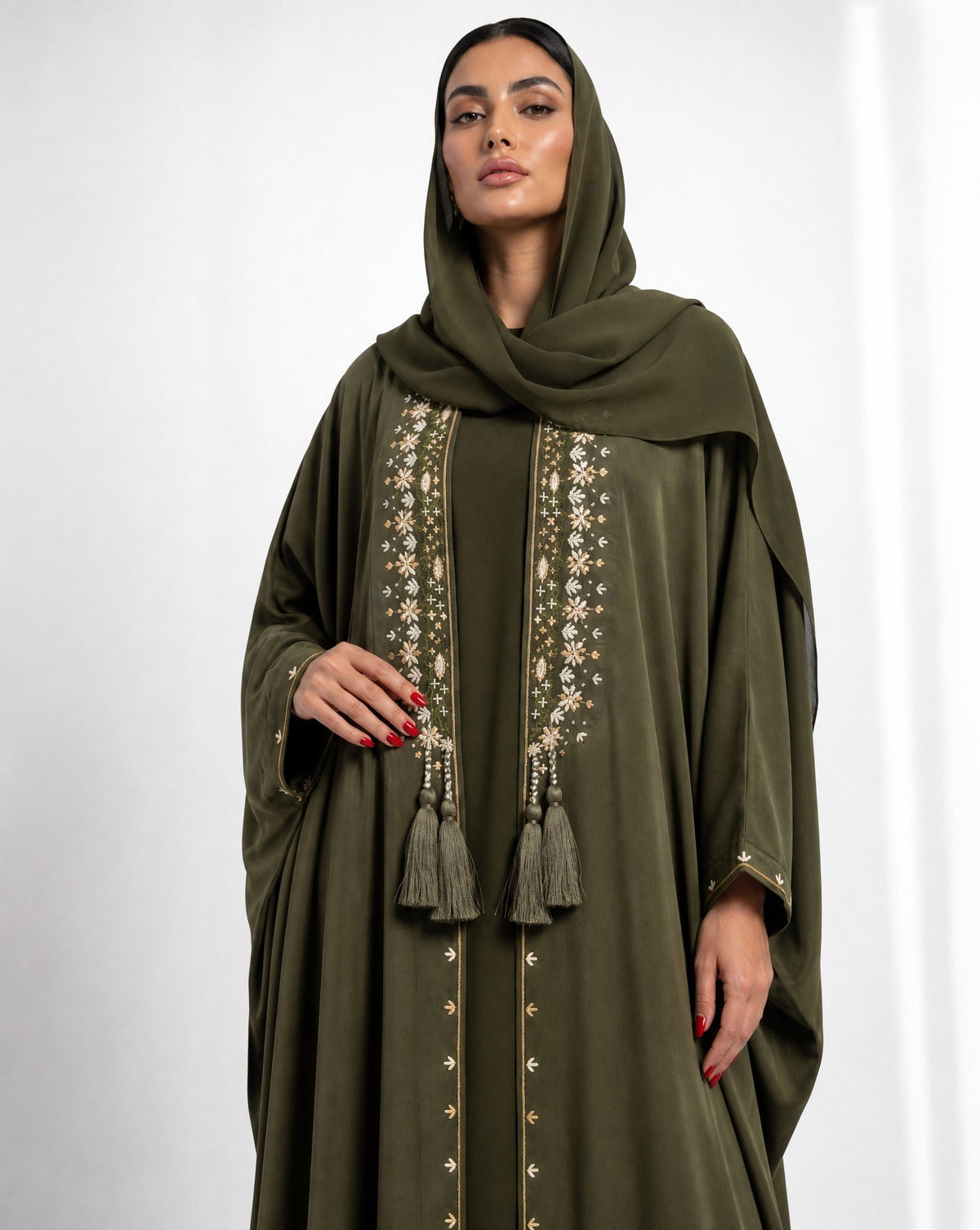 M0899 - Olive Washed Silk Abaya - KERTA COLLECTION - MIRA Y MANO