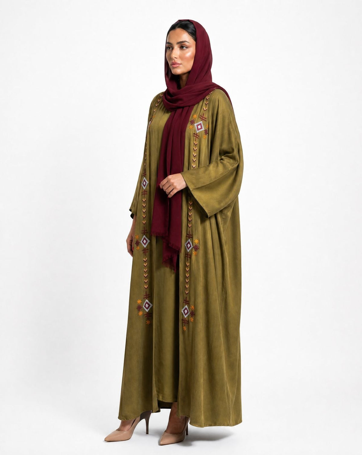 M0901 – Olive Washed Silk Abaya - KERTA COLLECTION - MIRA Y MANO