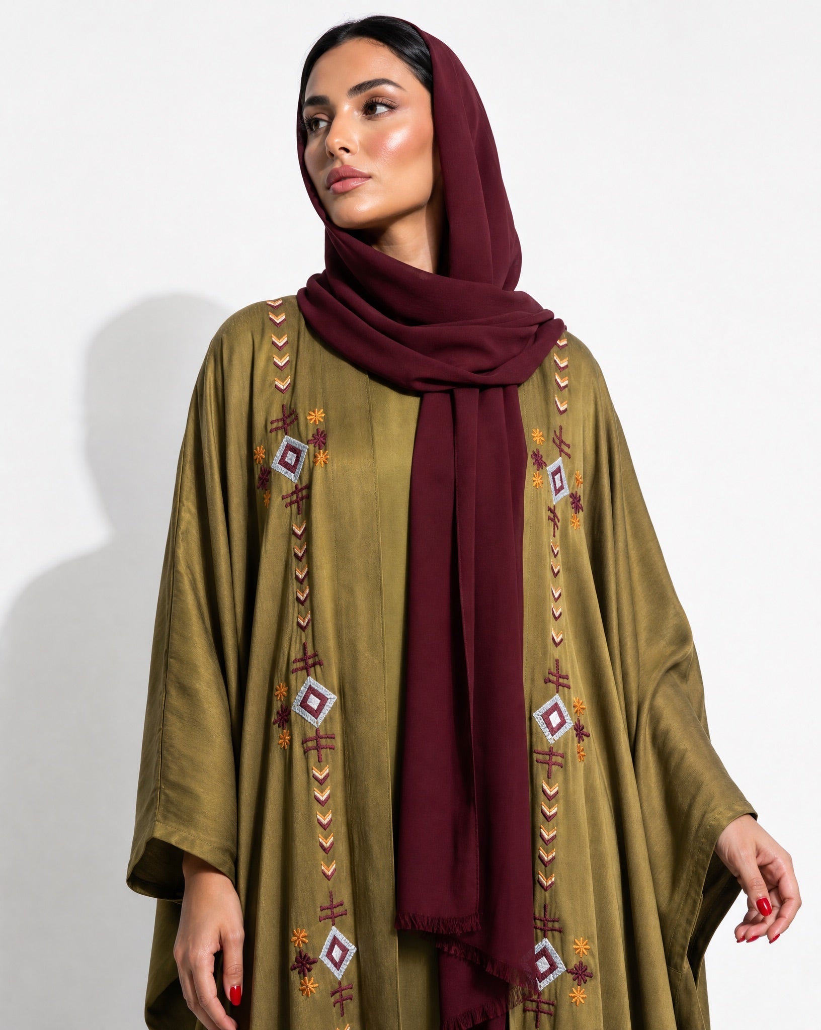 M0901 - Olive Washed Silk Abaya - KERTA COLLECTION - MIRA Y MANO