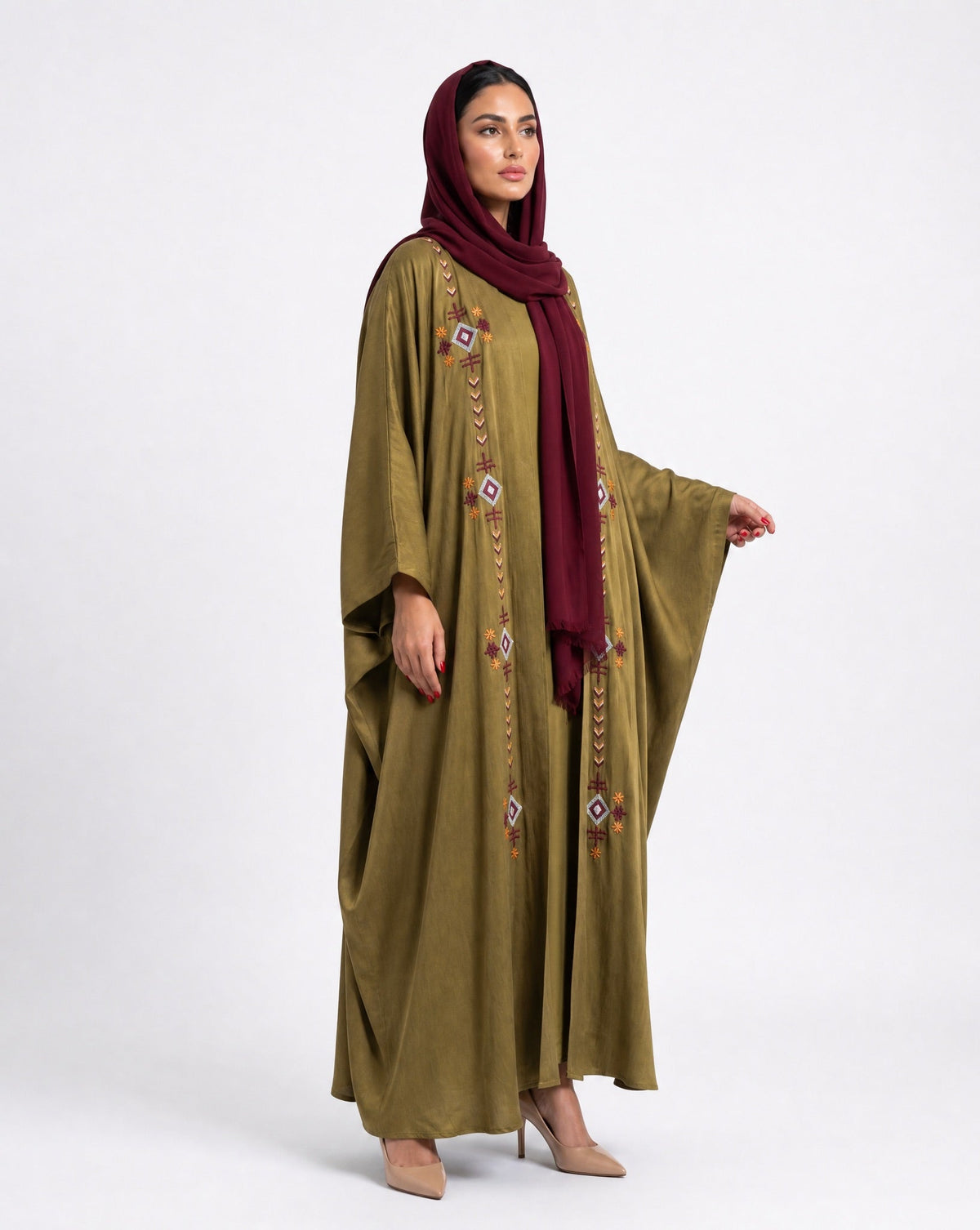 M0901 - Olive Washed Silk Abaya - KERTA COLLECTION - MIRA Y MANO