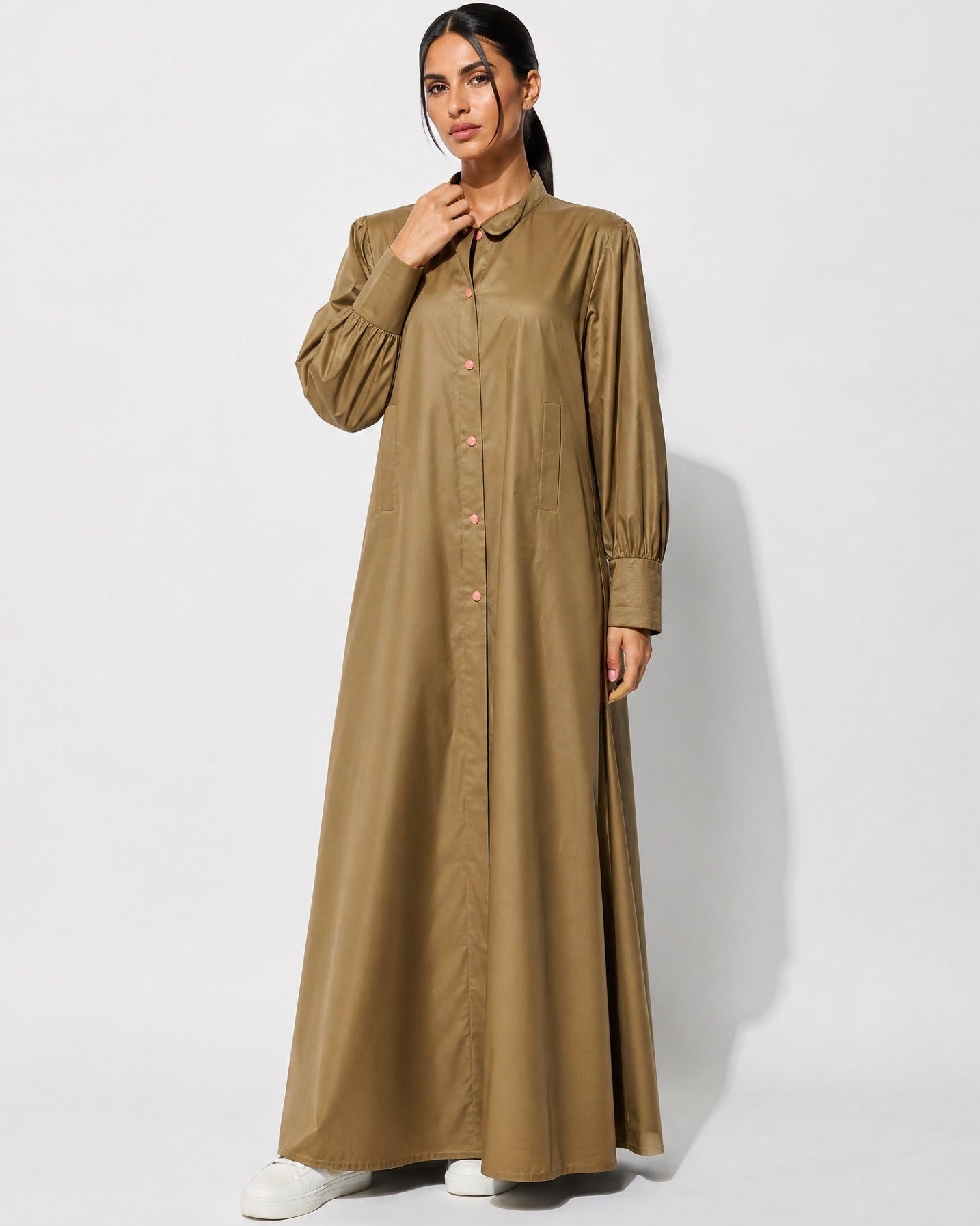LA01193-OL – Olive Polyester Abaya - LAILA AL AWADHI - MIRA Y MANO