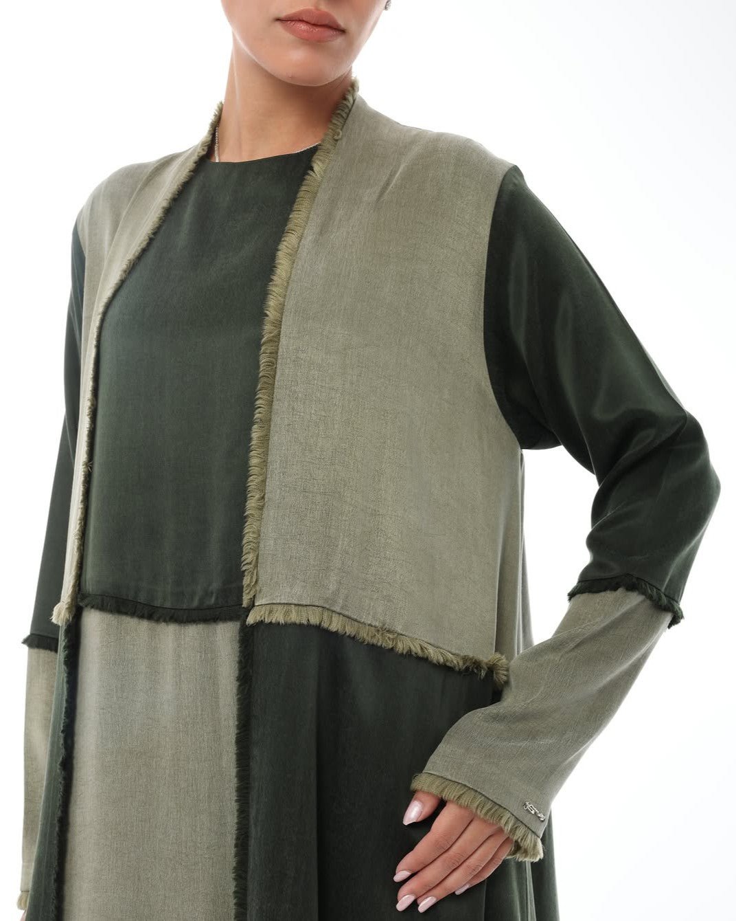 LE021-DG - Dark Green Washed Silk Abaya Set - LEGACY - MIRA Y MANO