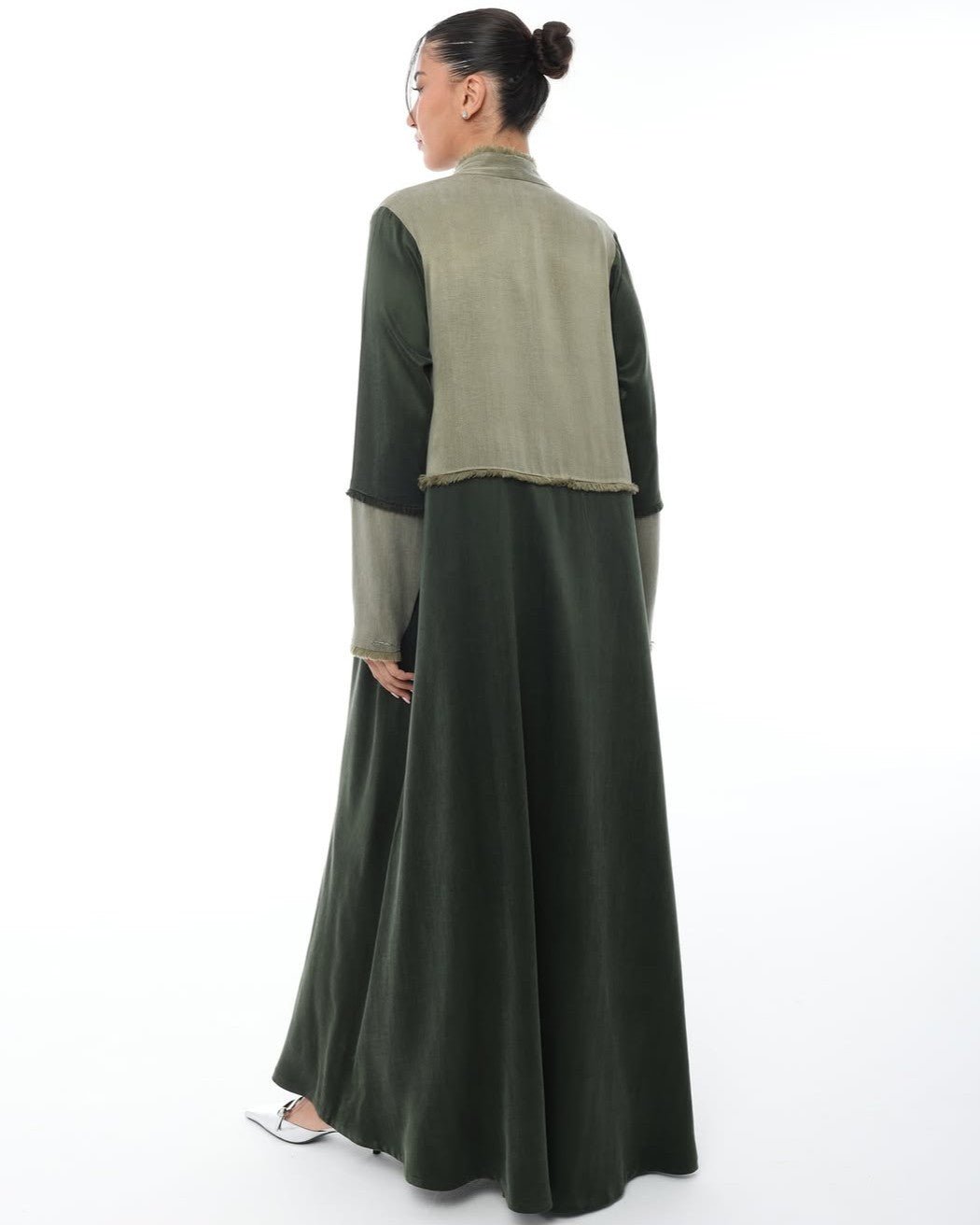 LE021-DG - Dark Green Washed Silk Abaya Set - LEGACY - MIRA Y MANO