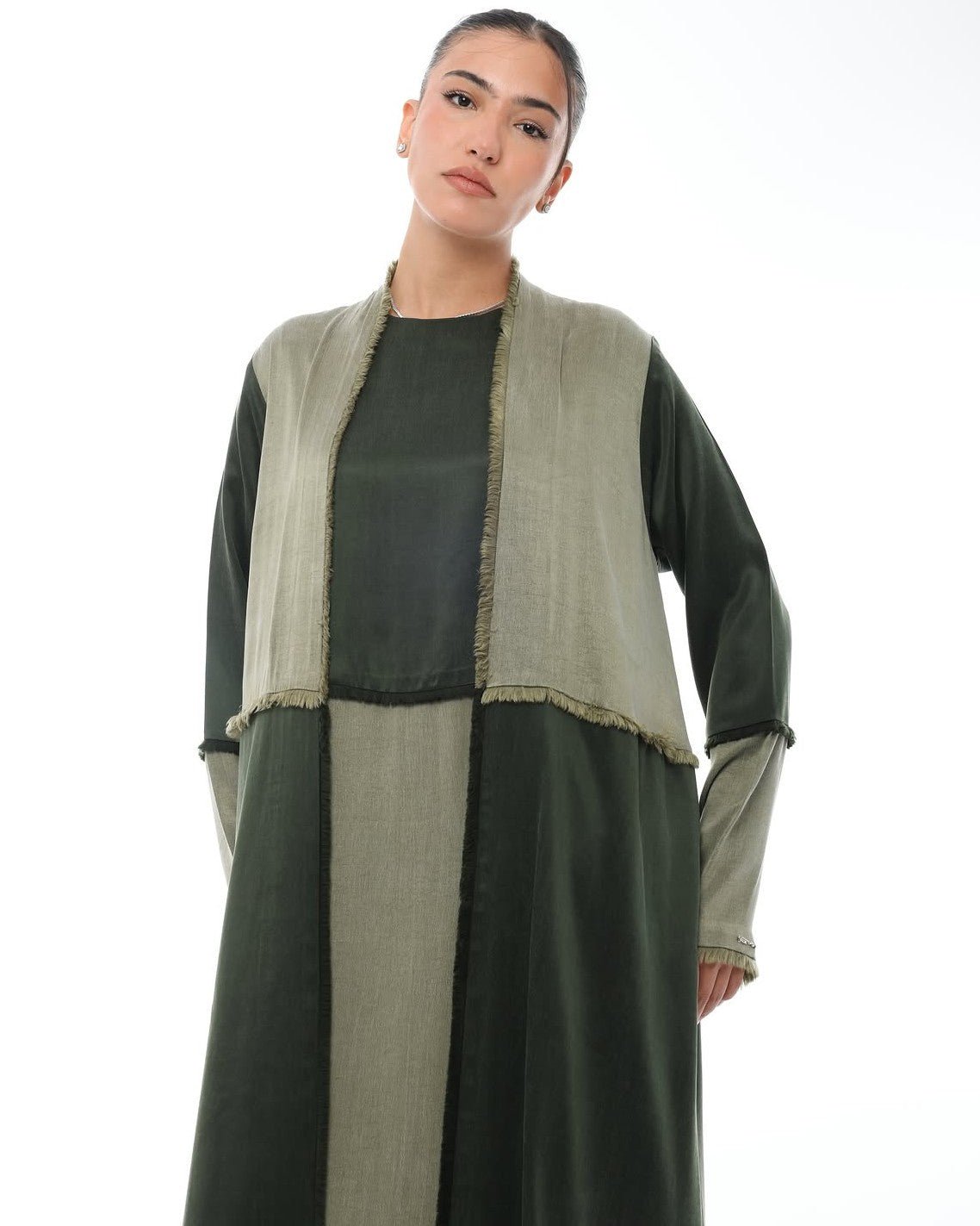 LE021-DG - Dark Green Washed Silk Abaya Set - LEGACY - MIRA Y MANO