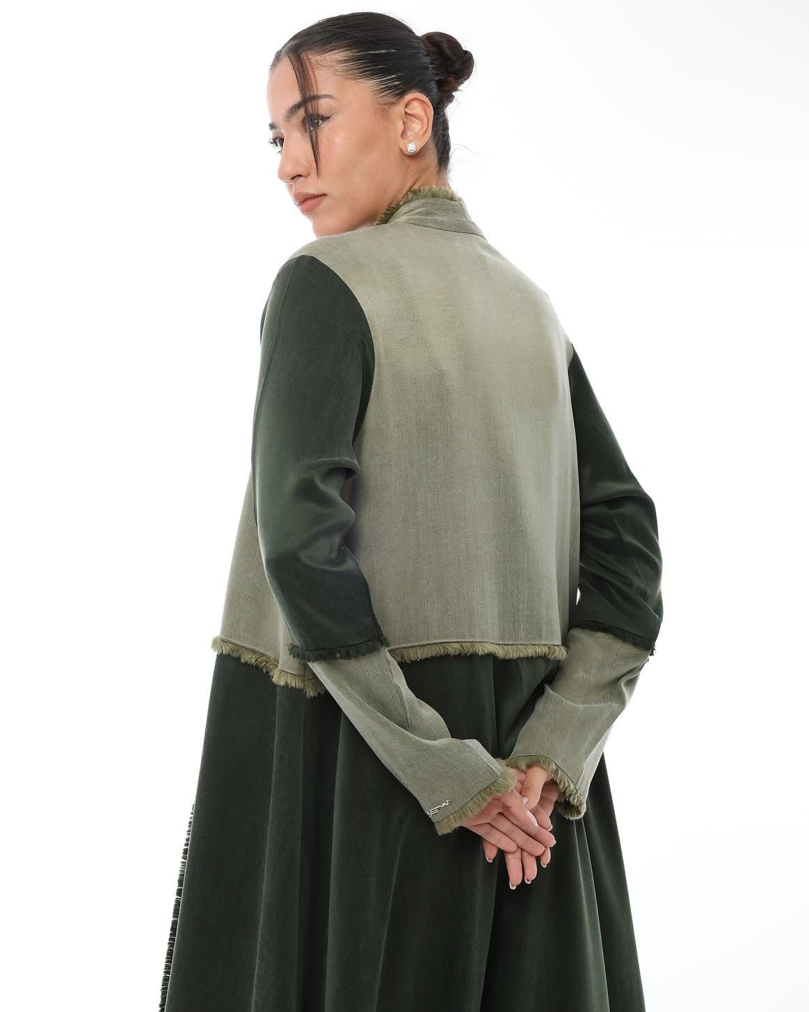LE021-DG - Dark Green Washed Silk Abaya Set - LEGACY - MIRA Y MANO
