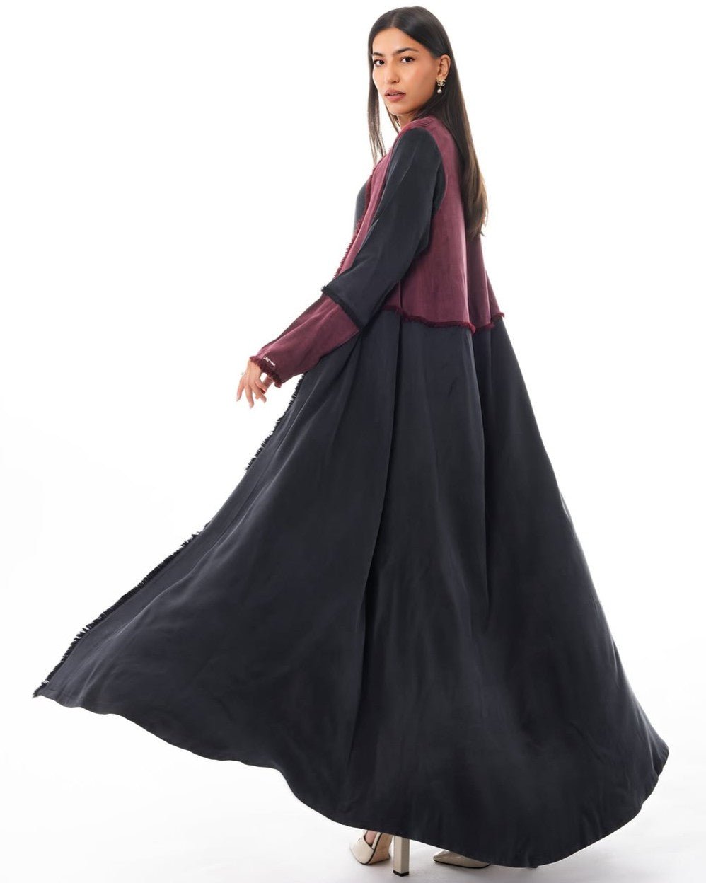 LE021-MRA - Maroon Washed Silk Abaya Set - LEGACY - MIRA Y MANO