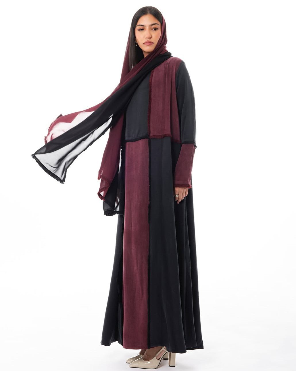 LE021-MRA - Maroon Washed Silk Abaya Set - LEGACY - MIRA Y MANO