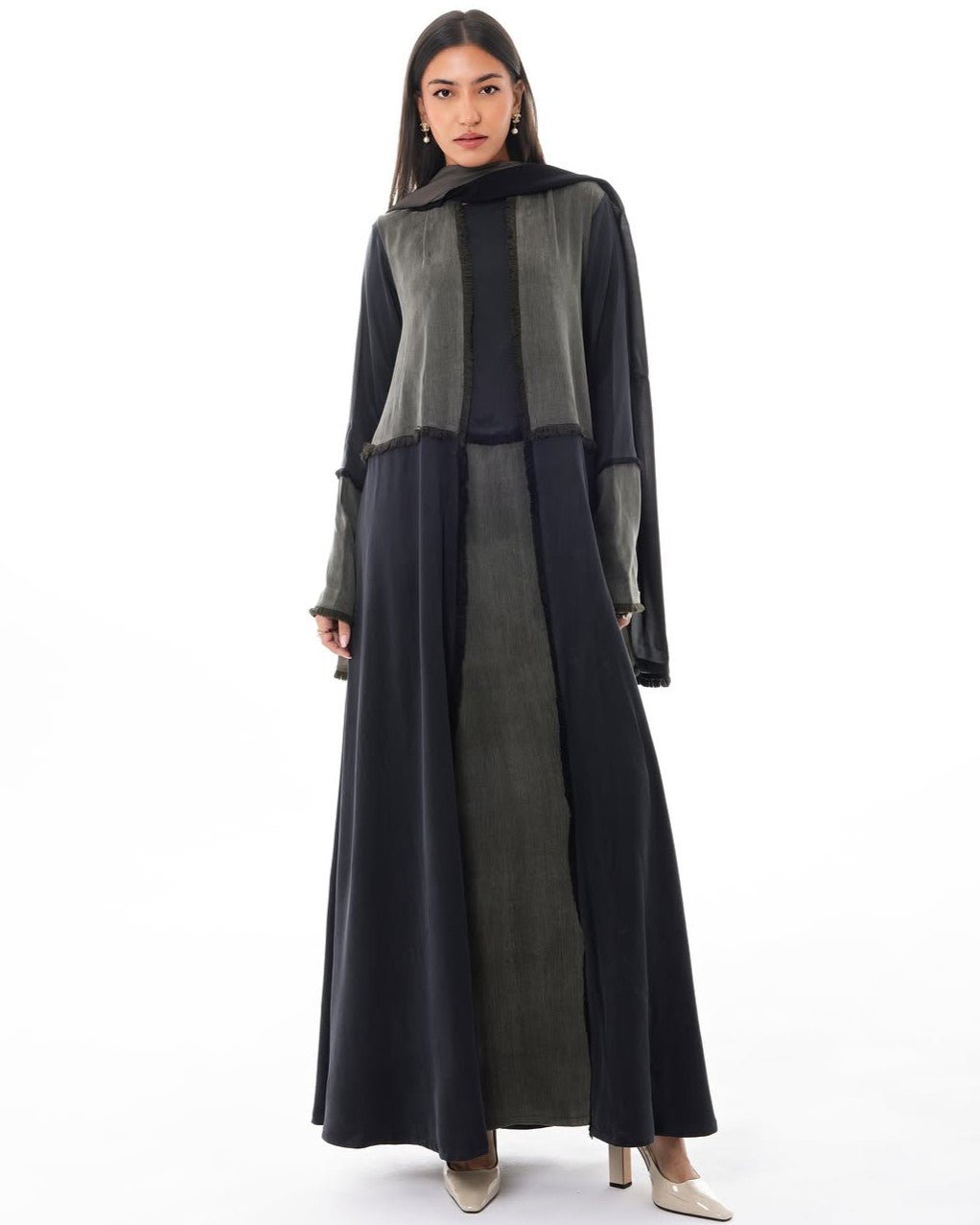 LE021-OLA Dark Olive Green Washed Silk Abaya Set - LEGACY - MIRA Y MANO