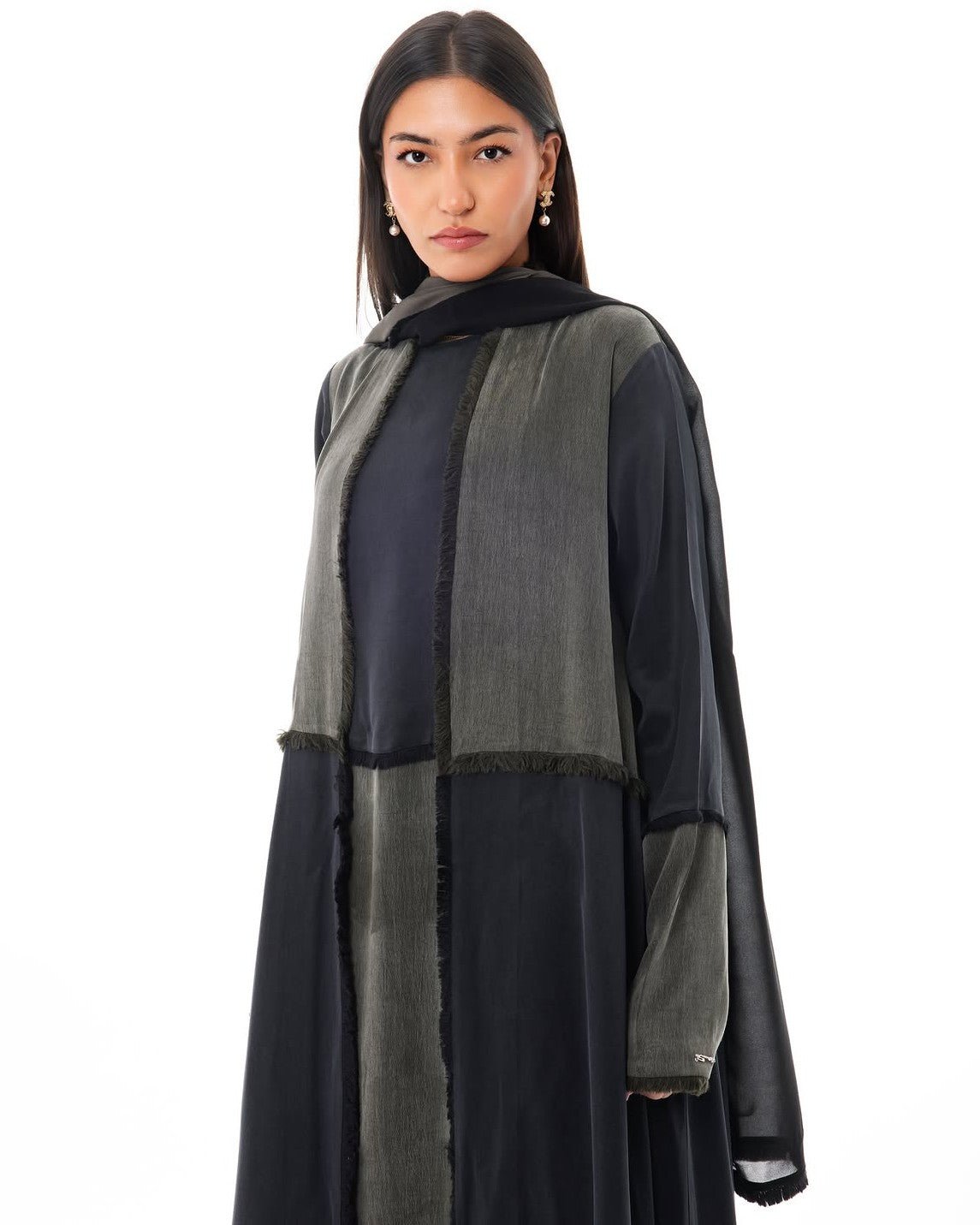 LE021-OLA Dark Olive Green Washed Silk Abaya Set - LEGACY - MIRA Y MANO