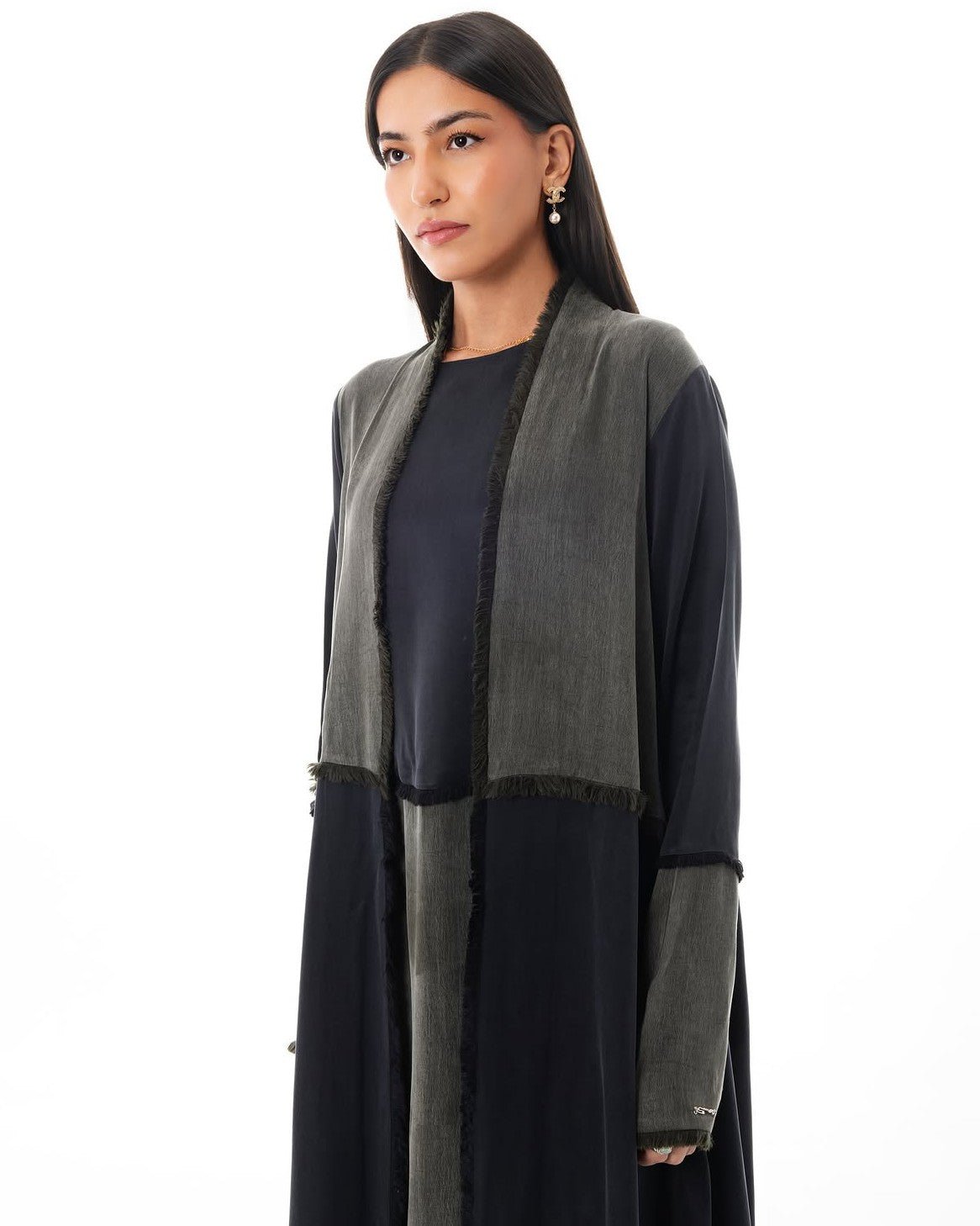 LE021-OLA Dark Olive Green Washed Silk Abaya Set - LEGACY - MIRA Y MANO