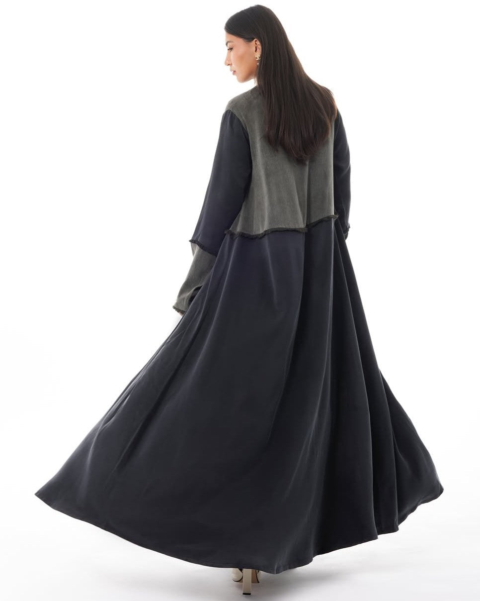 LE021-OLA Dark Olive Green Washed Silk Abaya Set - LEGACY - MIRA Y MANO