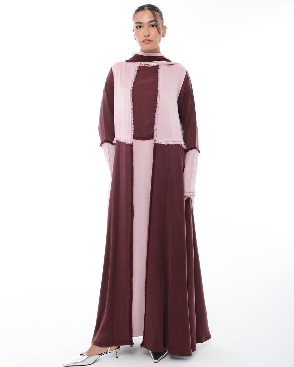 LE021-PKM - Maroon Washed Silk Abaya Set - LEGACY - MIRA Y MANO