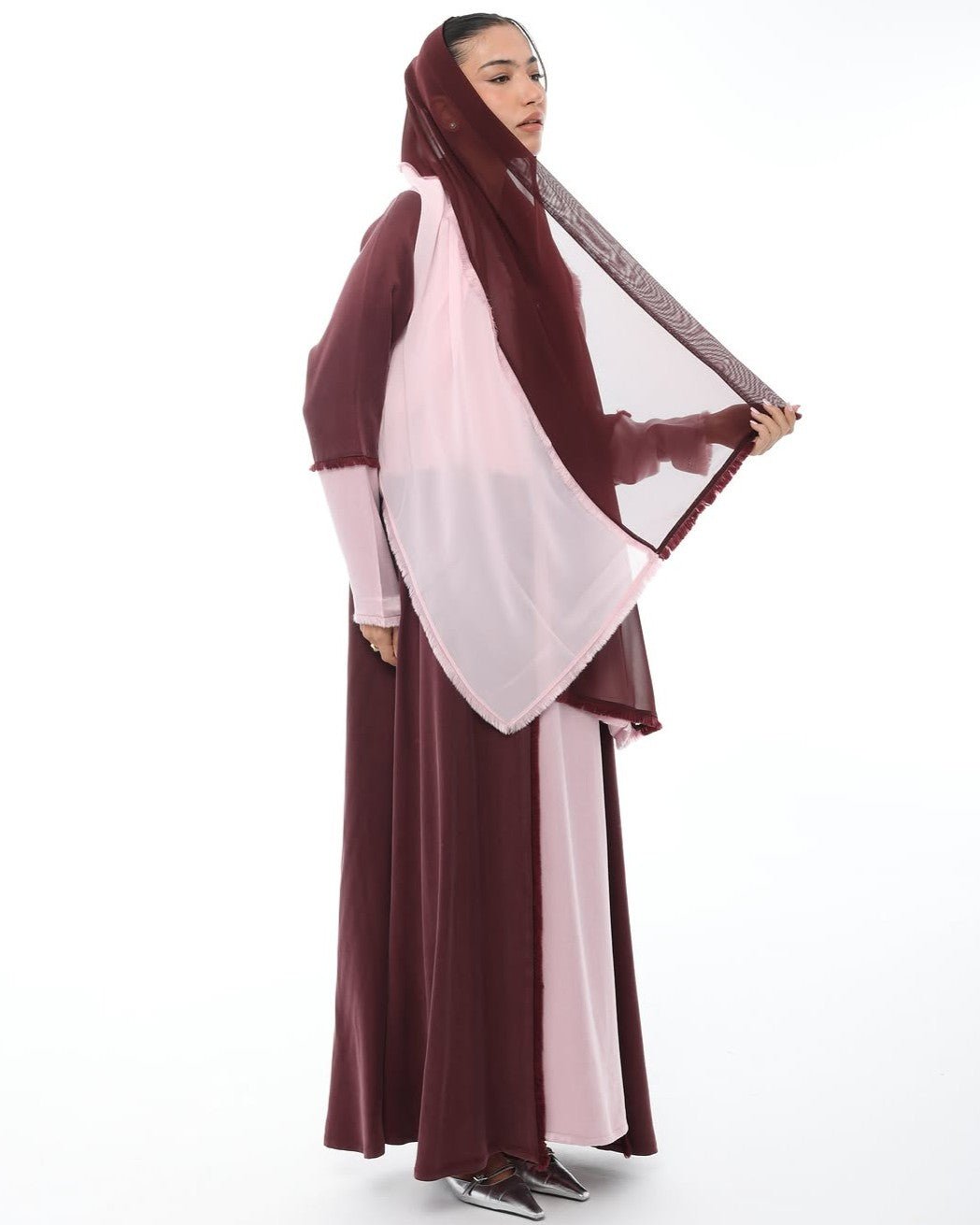 LE021-PKM - Maroon Washed Silk Abaya Set - LEGACY - MIRA Y MANO