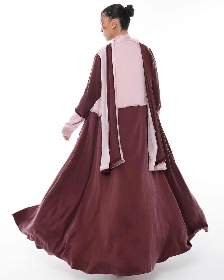 LE021-PKM - Maroon Washed Silk Abaya Set - LEGACY - MIRA Y MANO