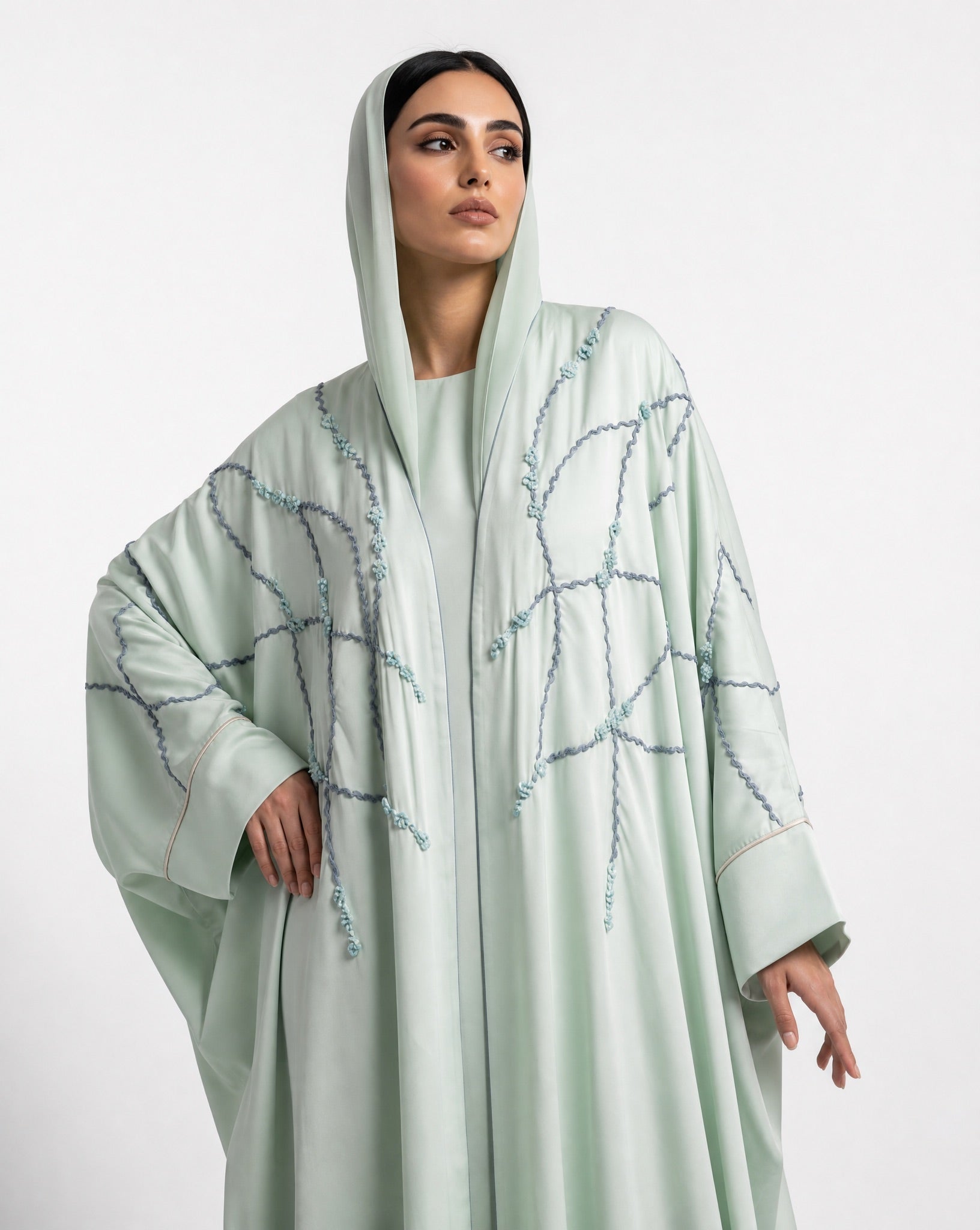 111101010 – Light Green Washed Silk Abaya - LULU LINE - MIRA Y MANO